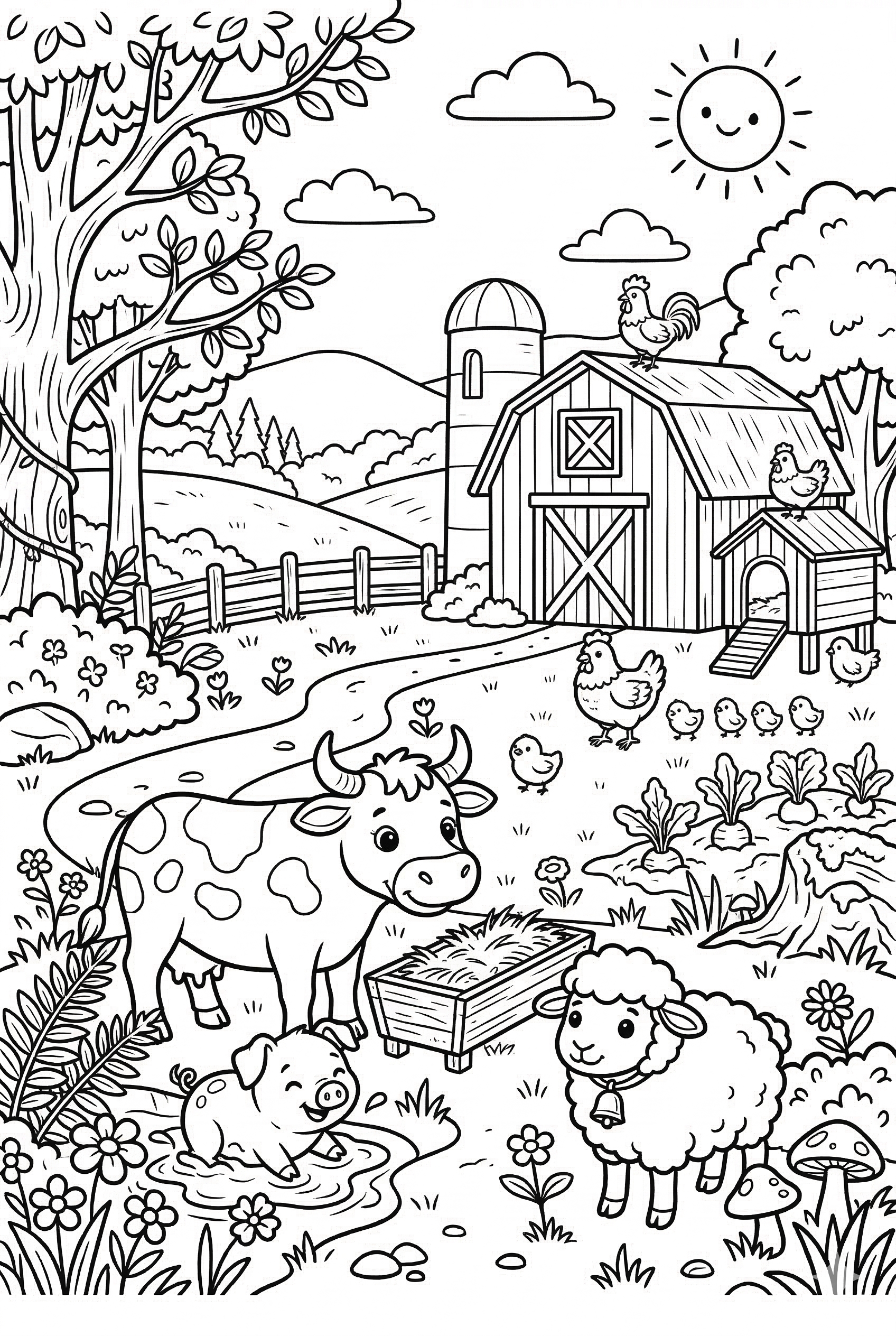 Schwein im Stroh als kostenloses Ausmalbild für Kinder