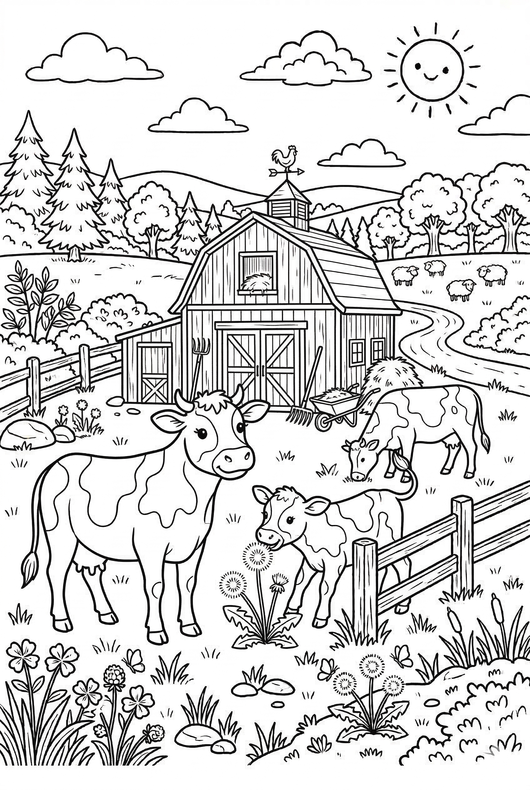 Scheune mit Tieren als kostenloses Ausmalbild für Kinder