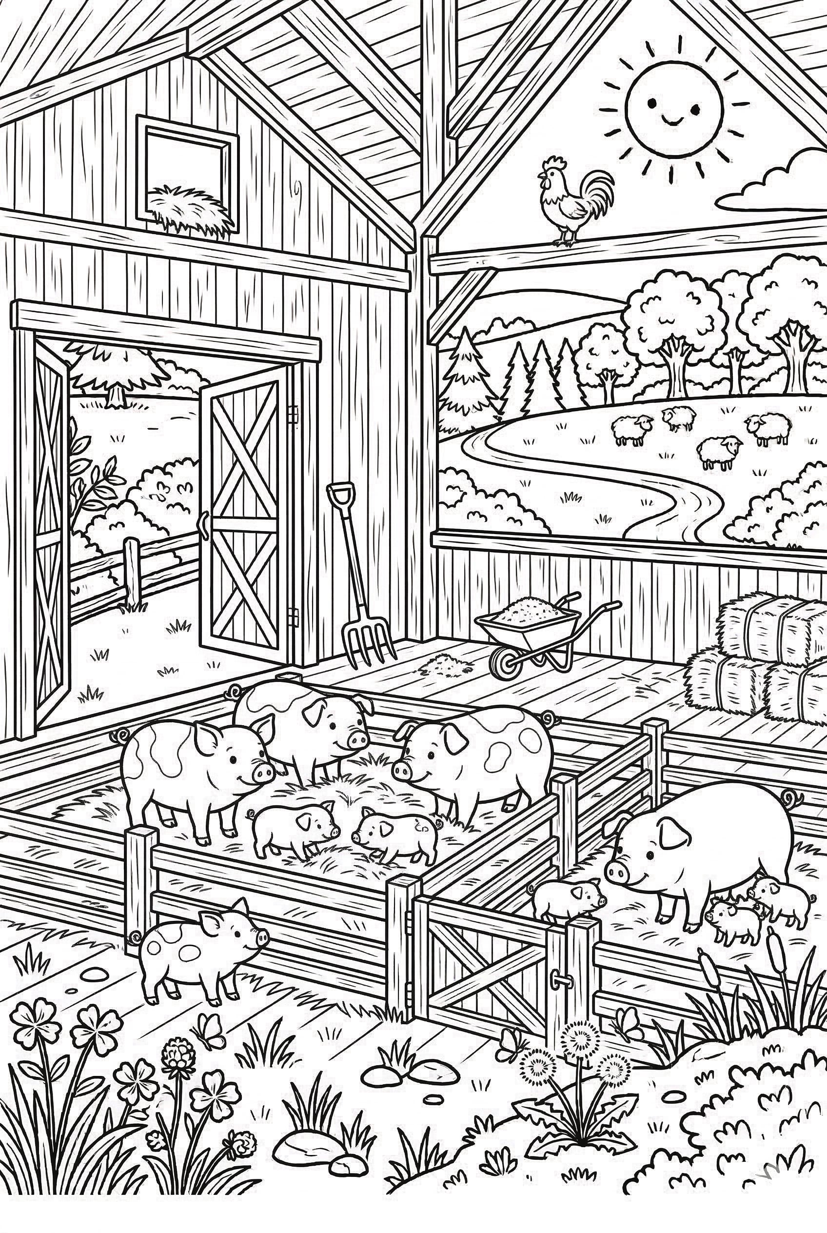 Farm Scene as a free coloring page for kids