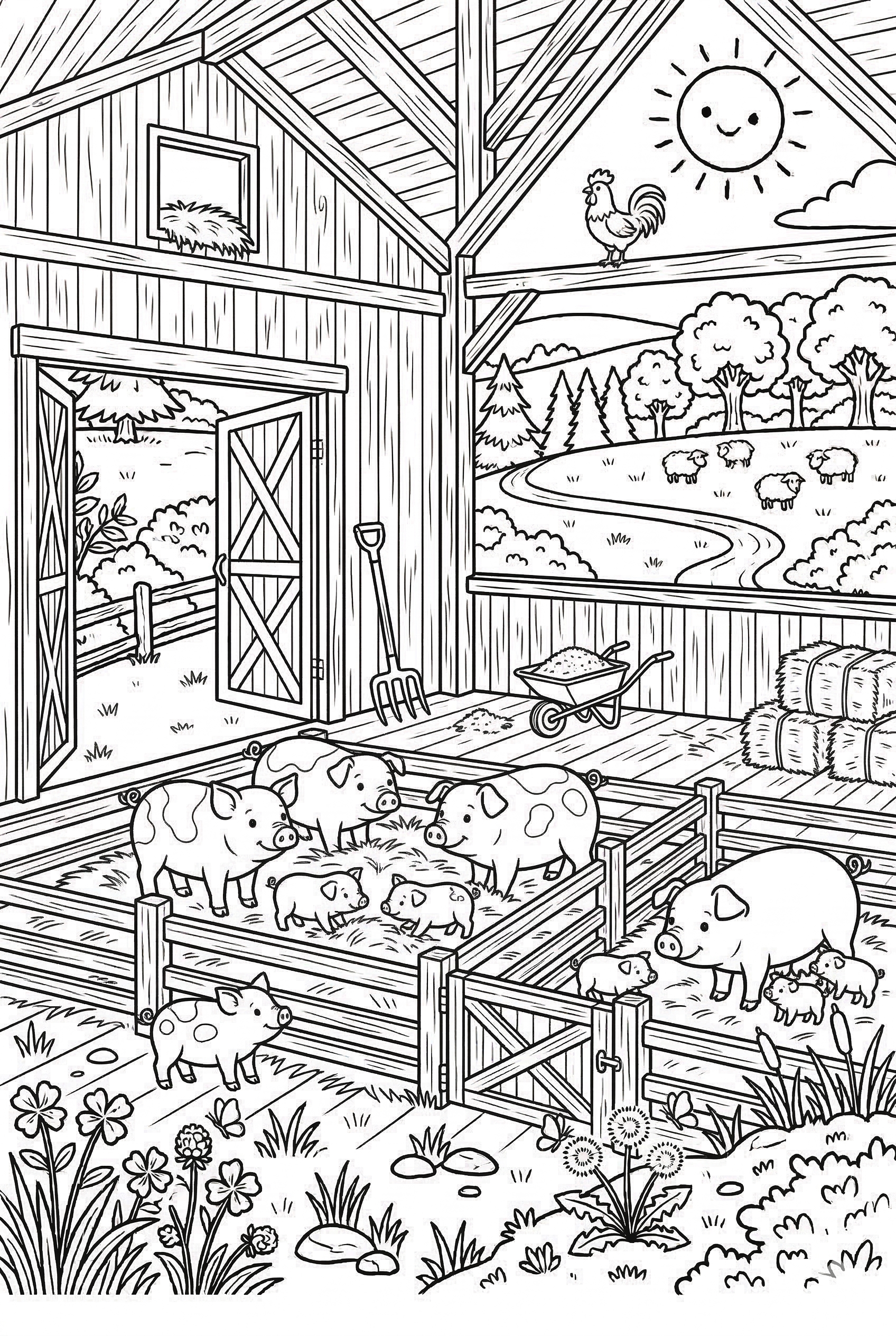 Bauernhof Szene als kostenloses Ausmalbild für Kinder