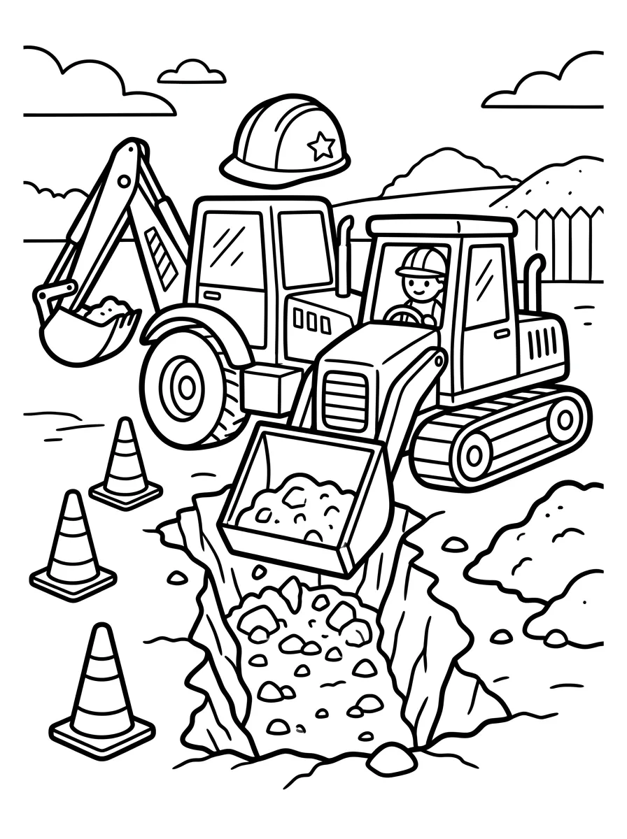Baggerlader am Graben als kostenloses Ausmalbild für Kinder