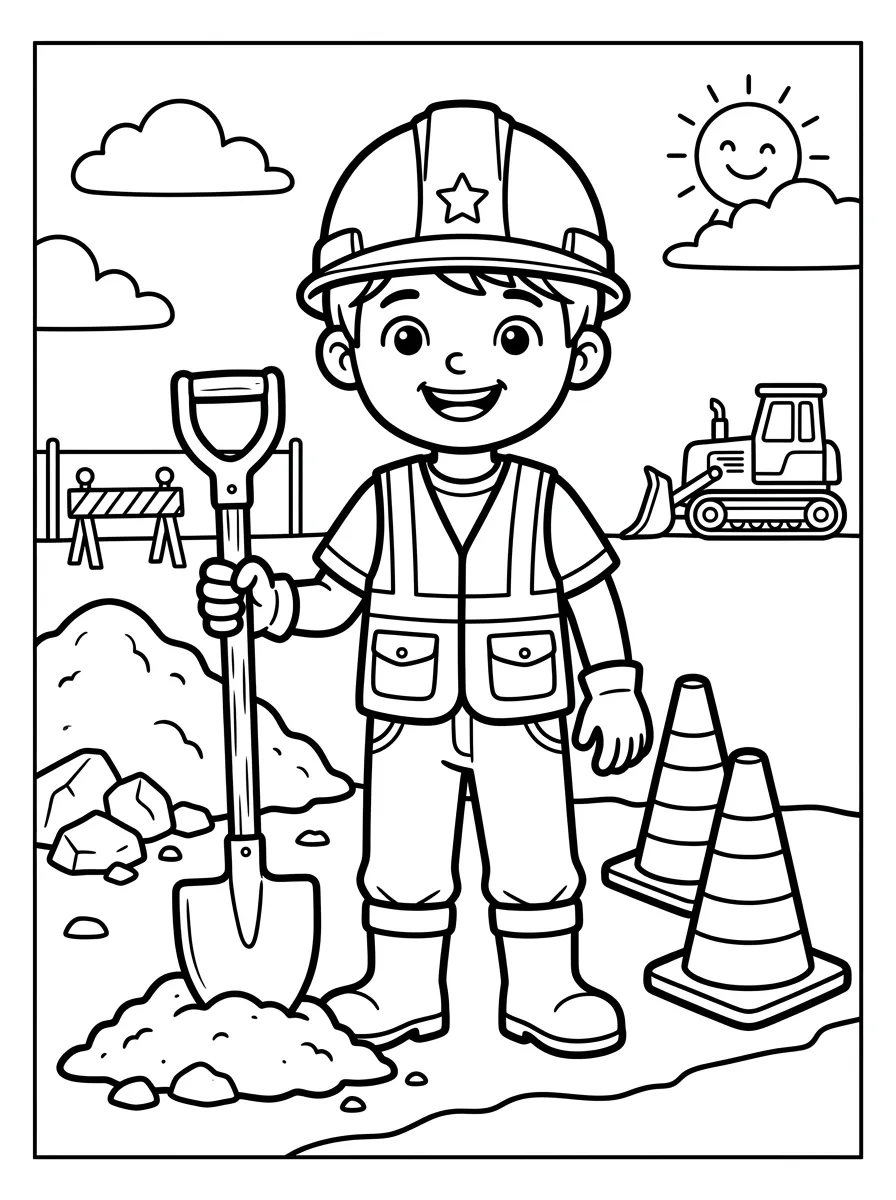 Bauarbeiter mit Schaufel als kostenloses Ausmalbild für Kinder