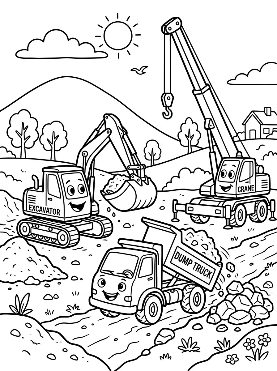 Grosse Baustellen Szene als kostenloses Ausmalbild für Kinder