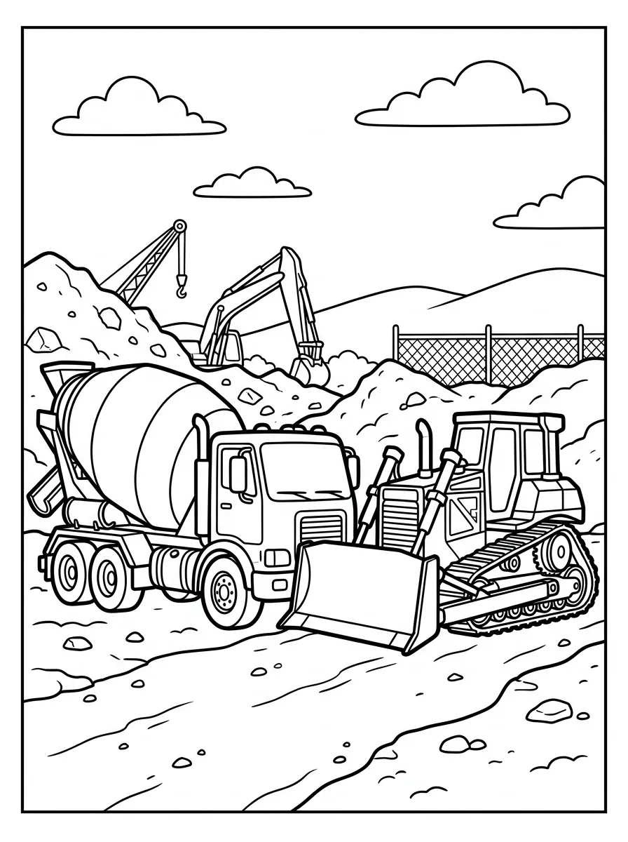 Betonmischer und Bulldozer als kostenloses Ausmalbild für Kinder