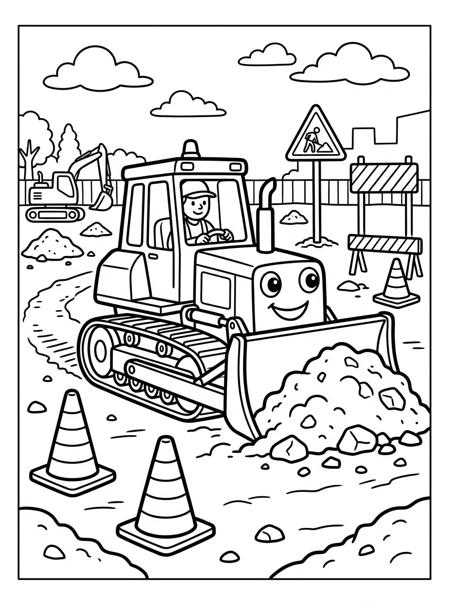 Bulldozer schiebt Erde als kostenloses Ausmalbild für Kinder