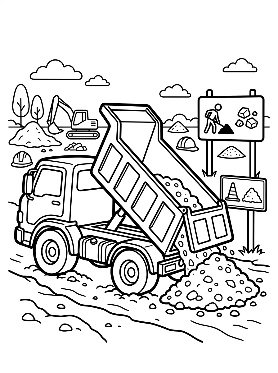 Kipper entlaedt Kies als kostenloses Ausmalbild für Kinder