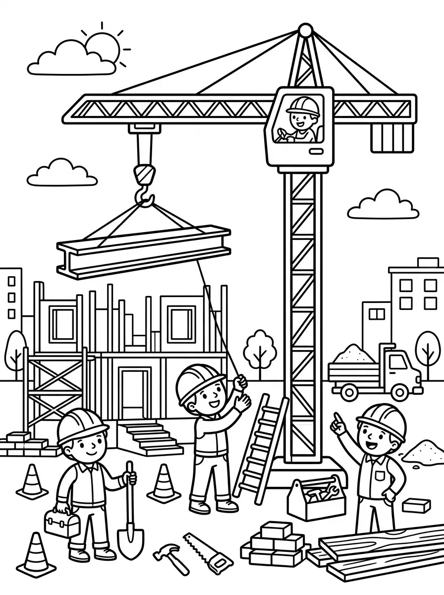 Kran hebt Traeger als kostenloses Ausmalbild für Kinder