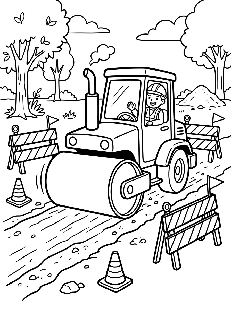Strassenwalze bei der Arbeit als kostenloses Ausmalbild für Kinder
