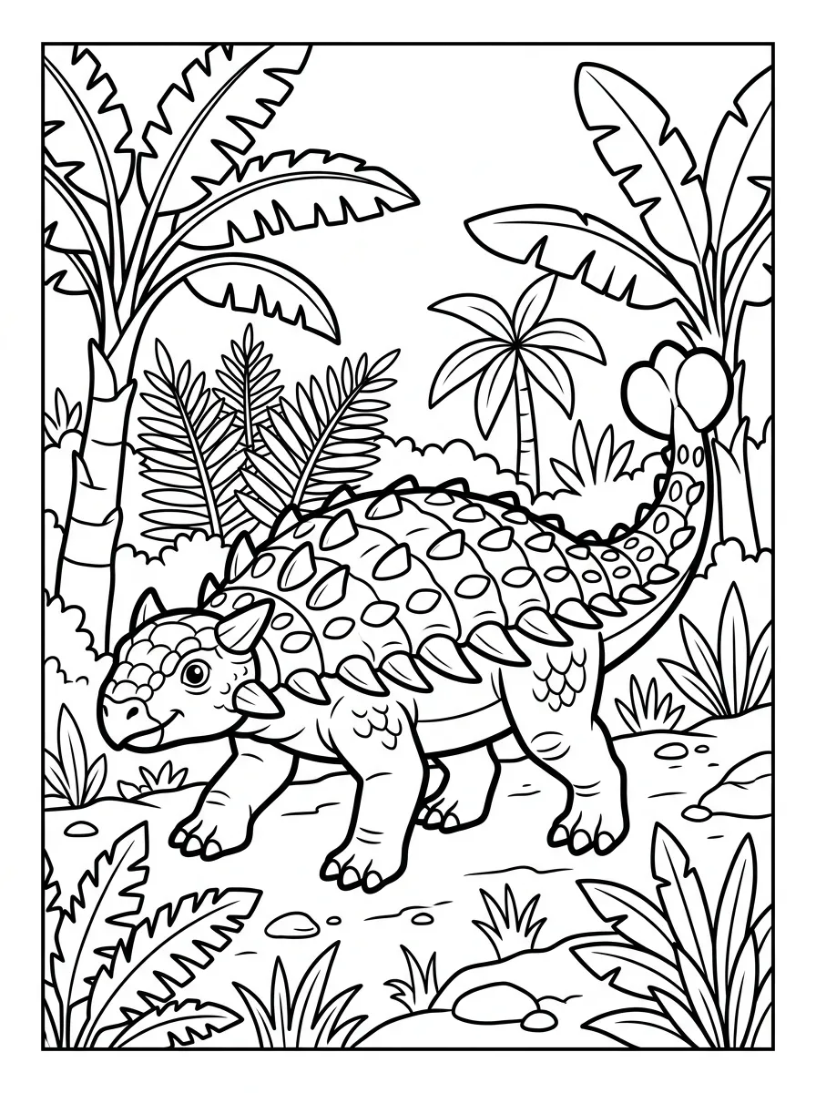 Ankylosaurus im Dschungel als kostenloses Ausmalbild für Kinder