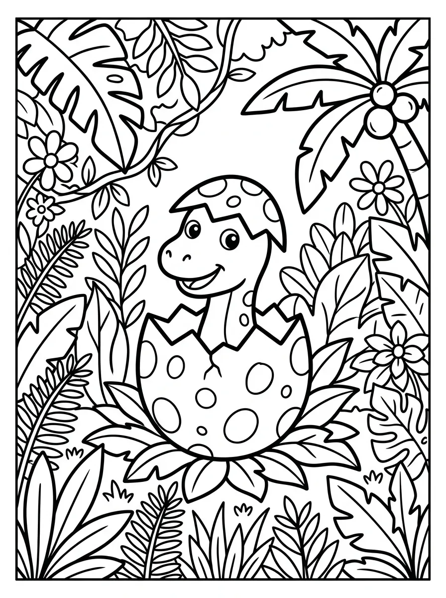 Dino schluepft aus Ei als kostenloses Ausmalbild für Kinder