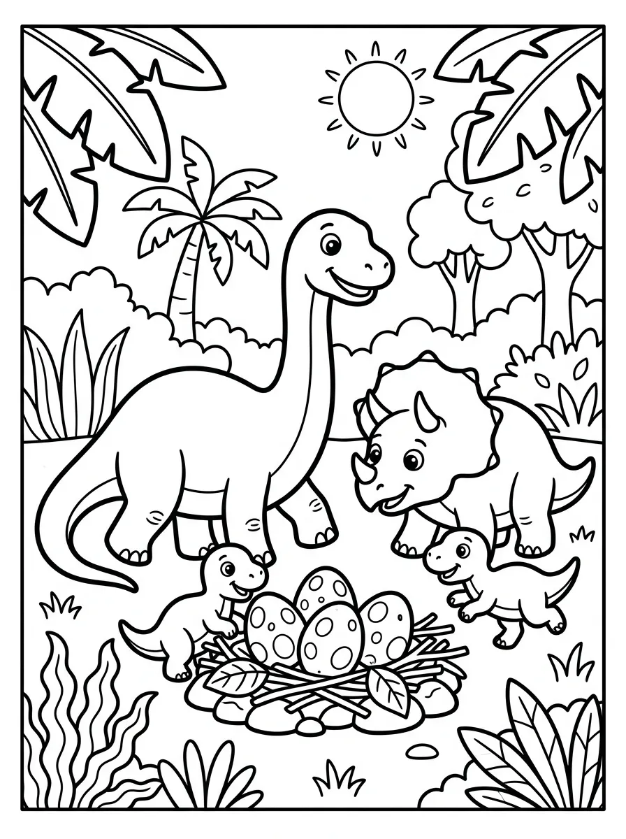 Dinofamilie mit Eiern als kostenloses Ausmalbild für Kinder