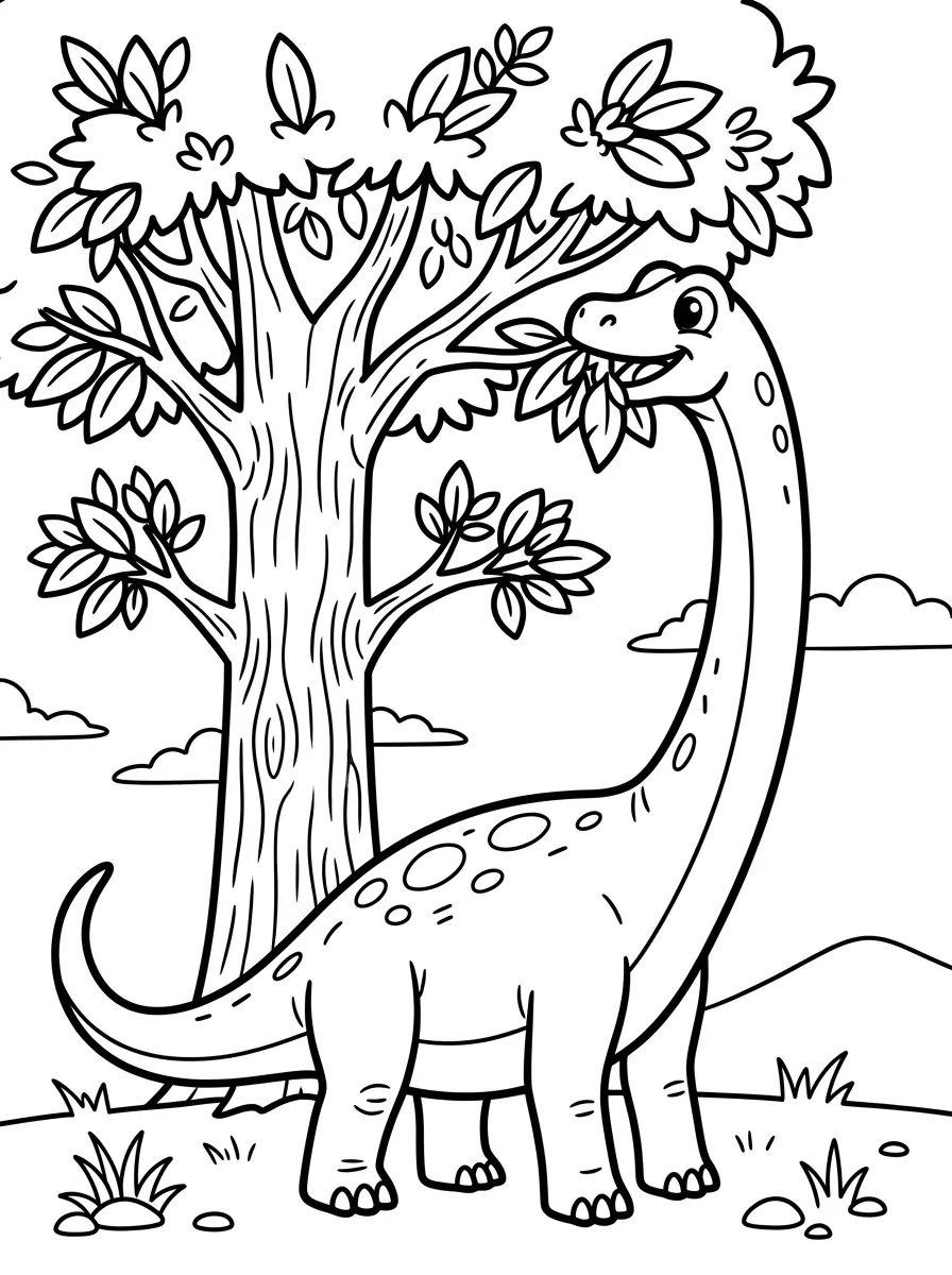 Langhals Dino am Baum als kostenloses Ausmalbild für Kinder