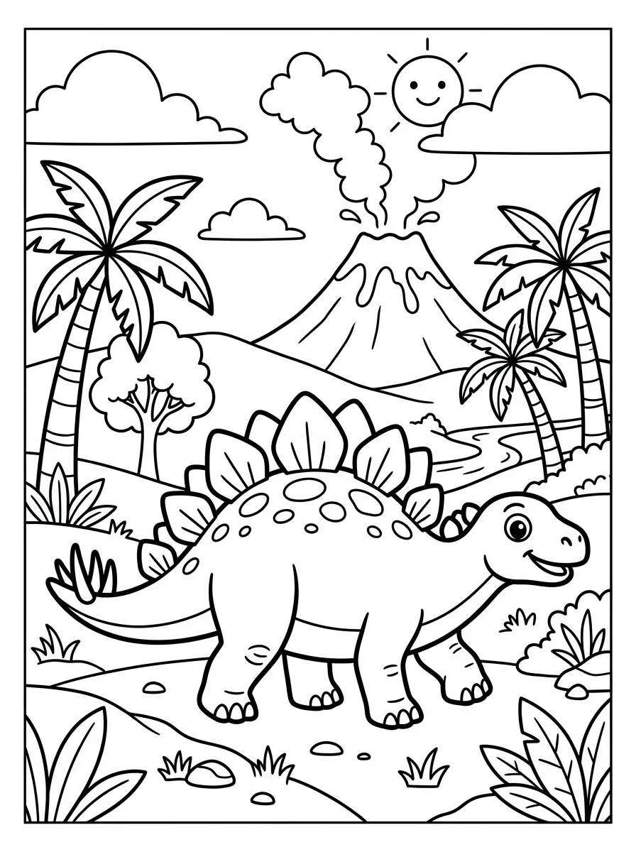 Stegosaurus im Urzeitwald als kostenloses Ausmalbild für Kinder