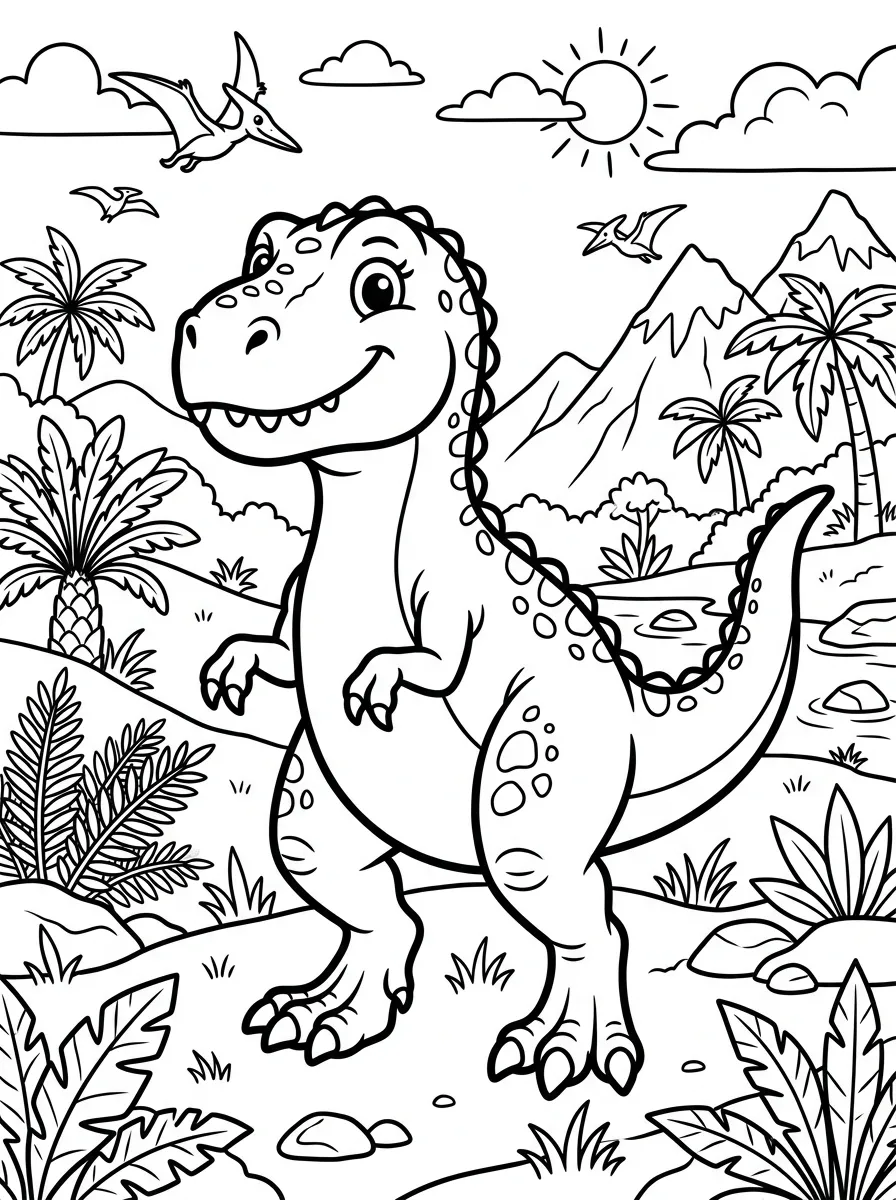 Freundlicher T-Rex als kostenloses Ausmalbild für Kinder