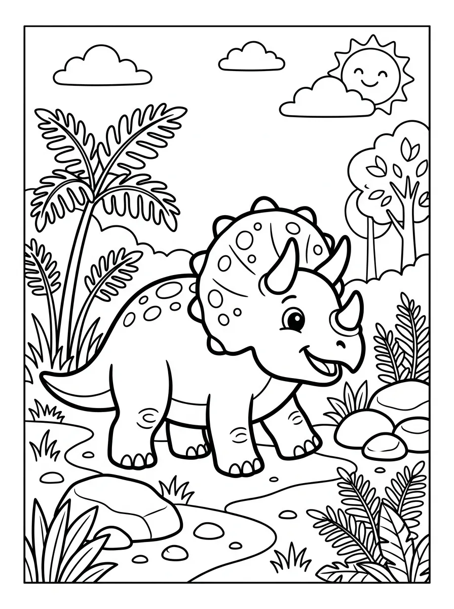 Triceratops bei Farnen als kostenloses Ausmalbild für Kinder
