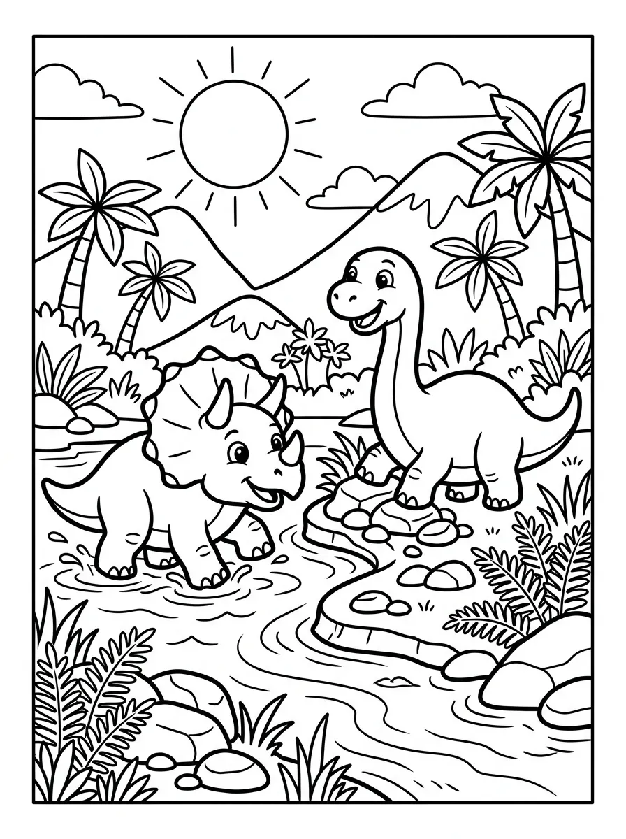 Zwei spielende Dinos als kostenloses Ausmalbild für Kinder