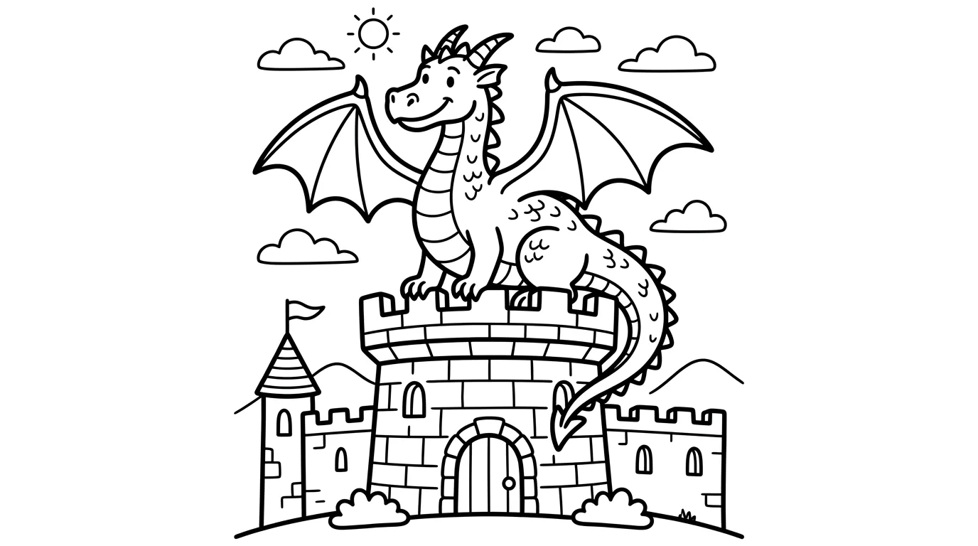Drache auf Burg als kostenloses Ausmalbild für Kinder