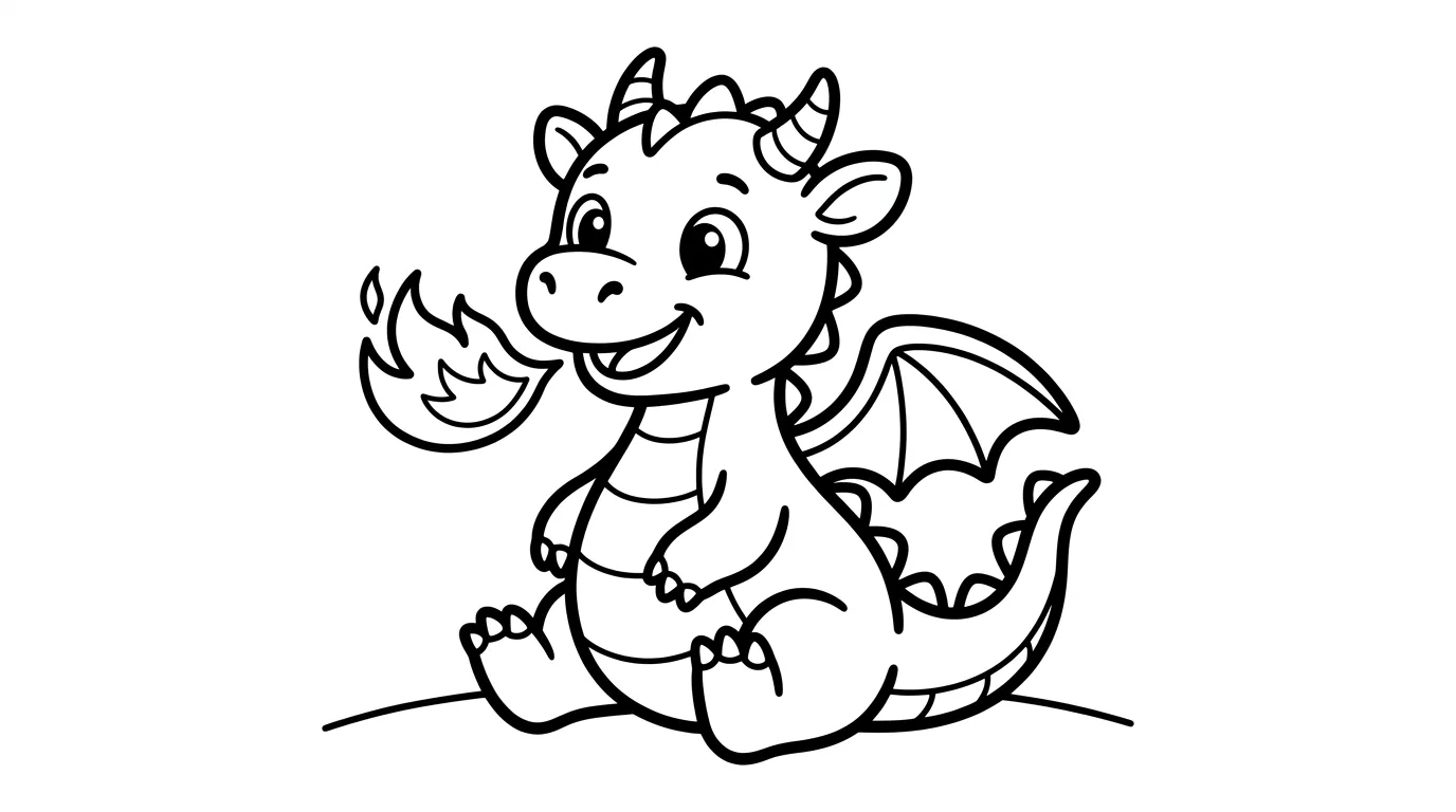 Drache spuckt Feuer als kostenloses Ausmalbild für Kinder