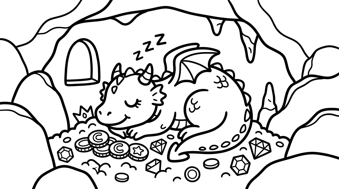 Drache in Hoehle als kostenloses Ausmalbild für Kinder