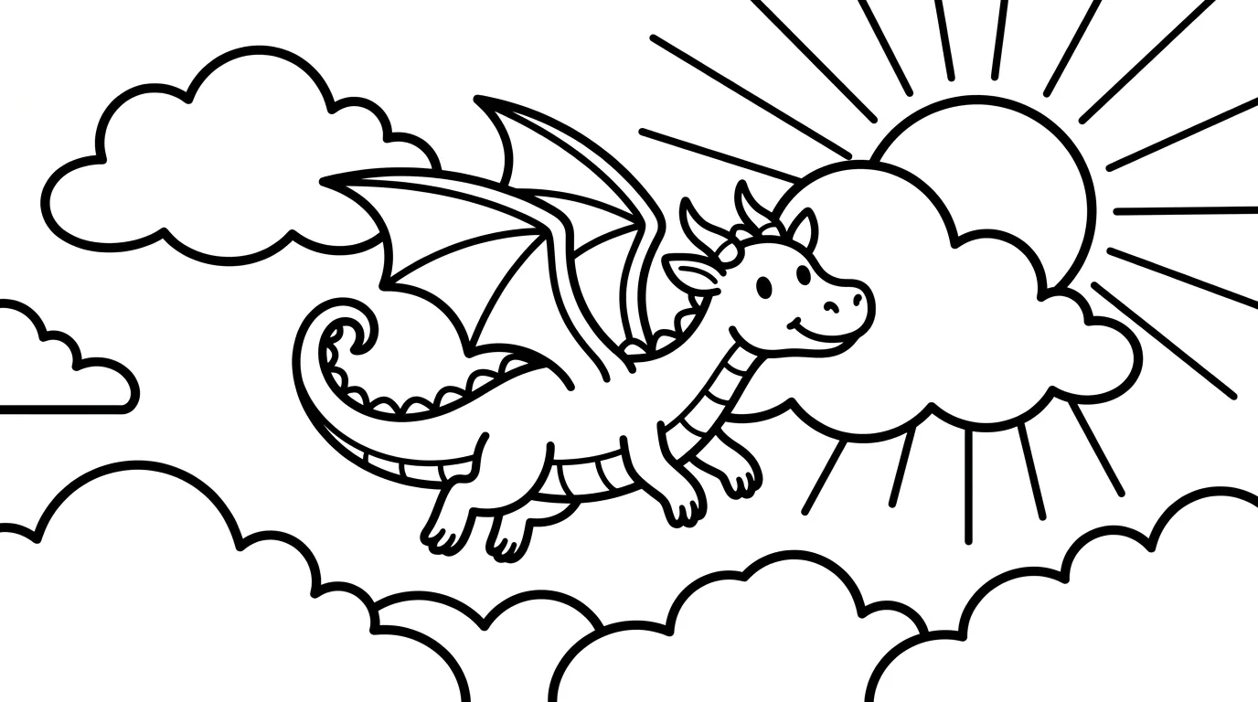 Drache in Wolken als kostenloses Ausmalbild für Kinder