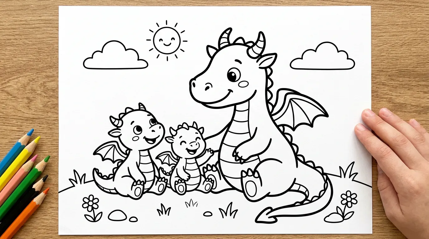 Drachenfamilie als kostenloses Ausmalbild für Kinder
