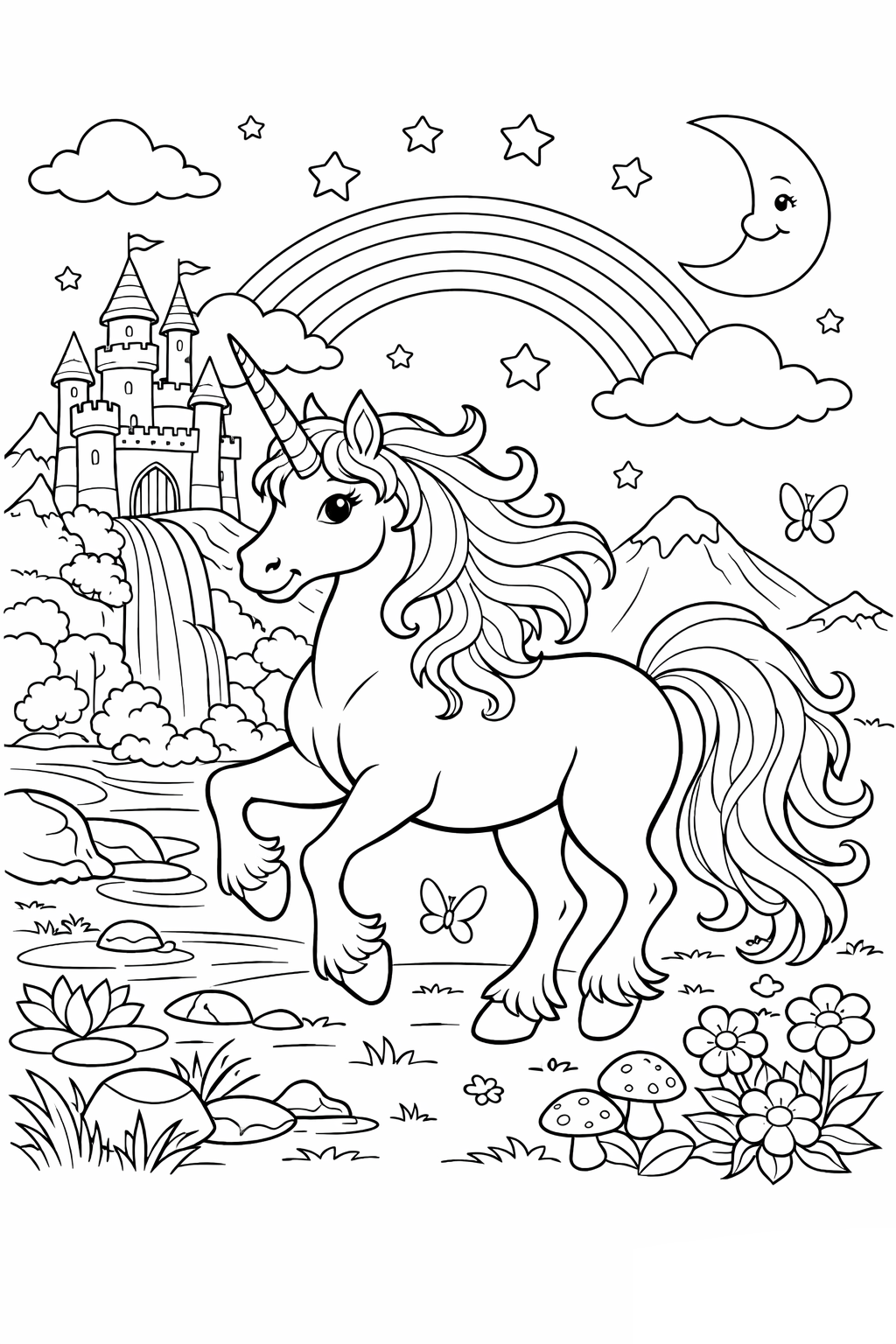 Einhorn mit Regenbogen als kostenloses Ausmalbild für Kinder