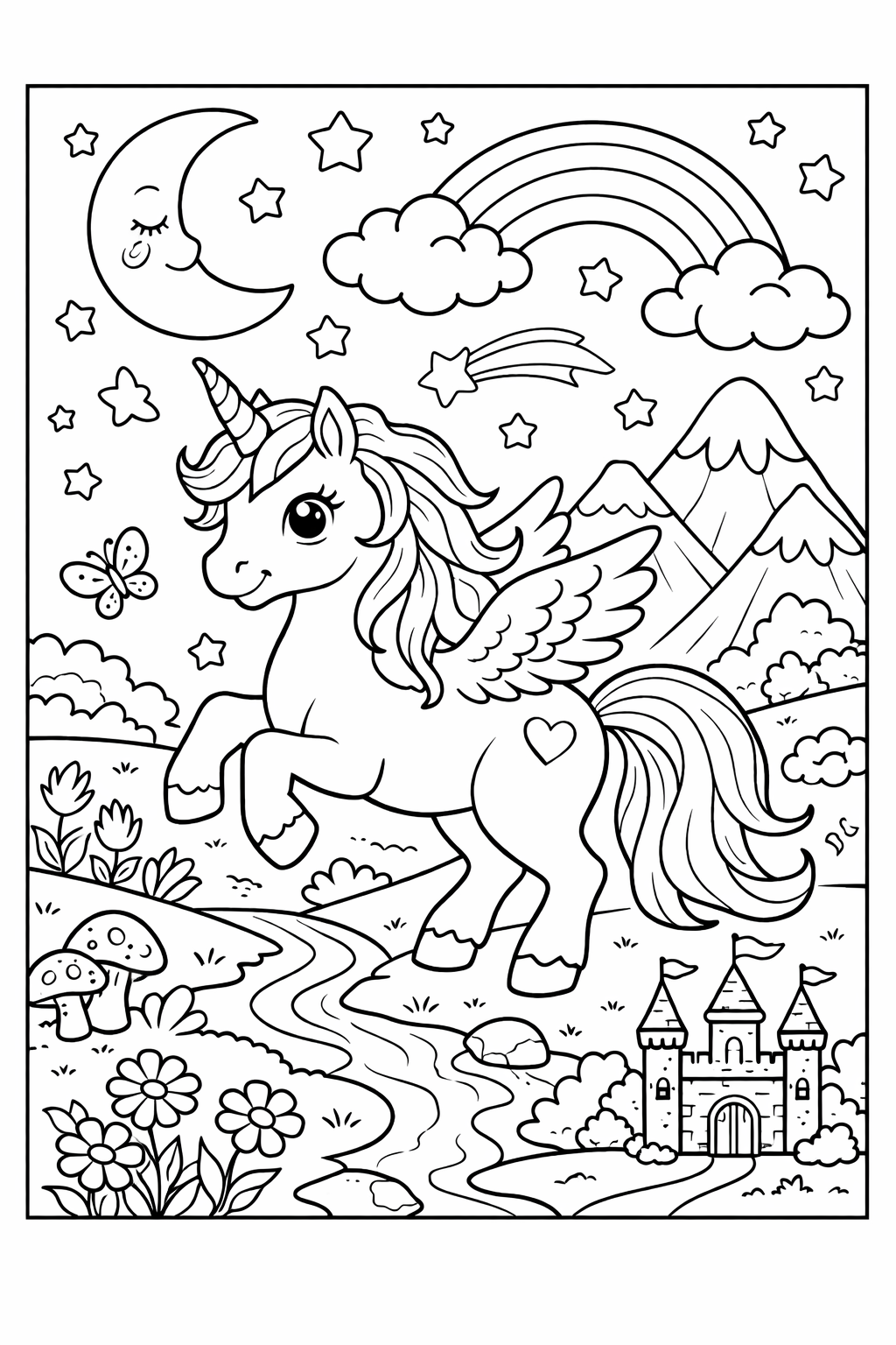 Springendes Einhorn als kostenloses Ausmalbild für Kinder