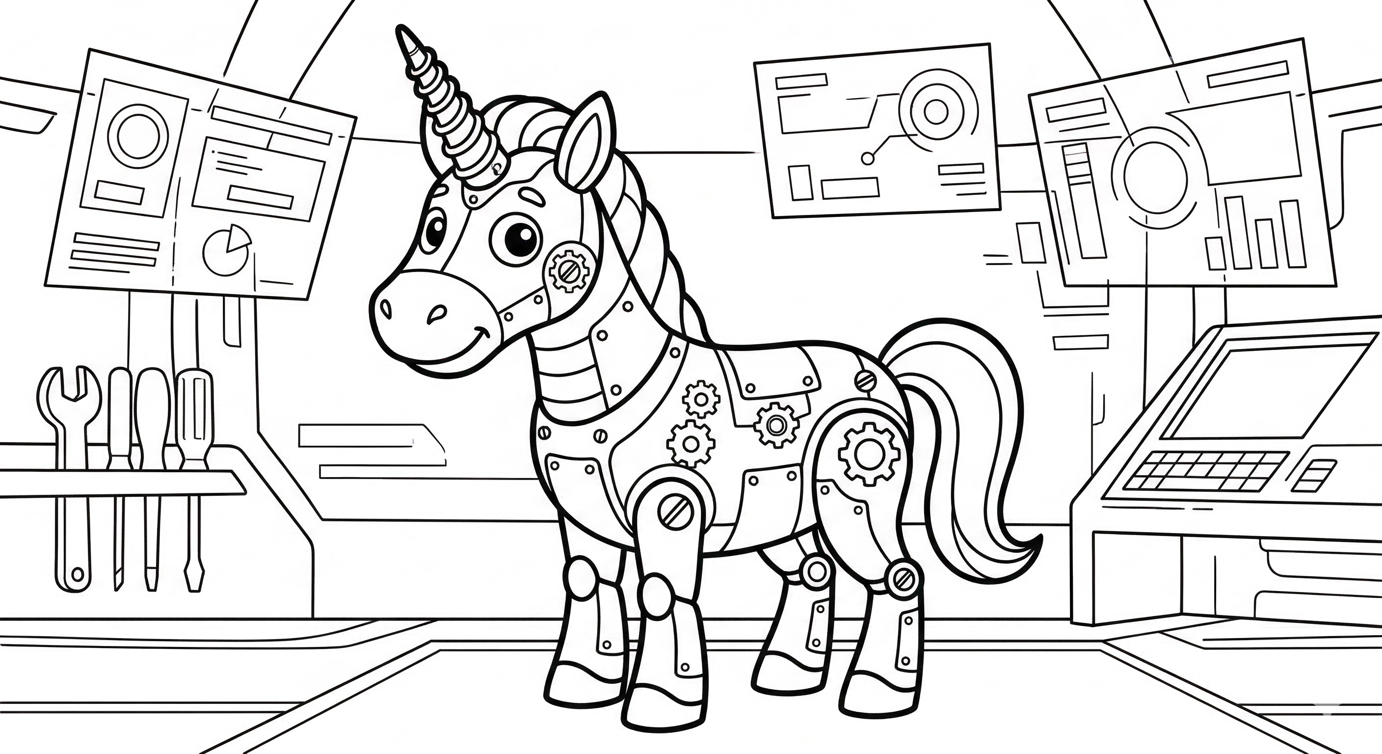 Einhorn Magie Szene als kostenloses Ausmalbild für Kinder