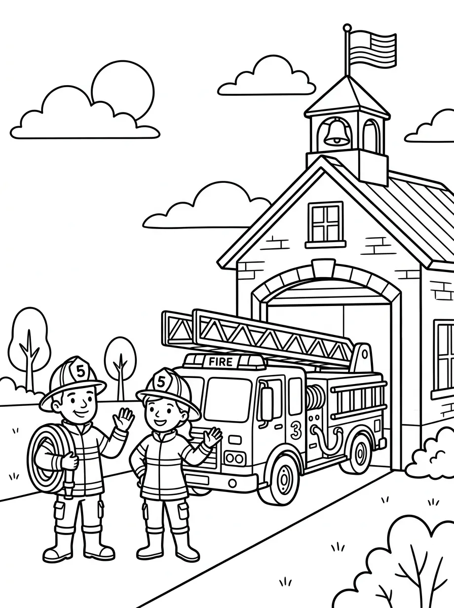 Feuerwache mit Leiterwagen als kostenloses Ausmalbild für Kinder