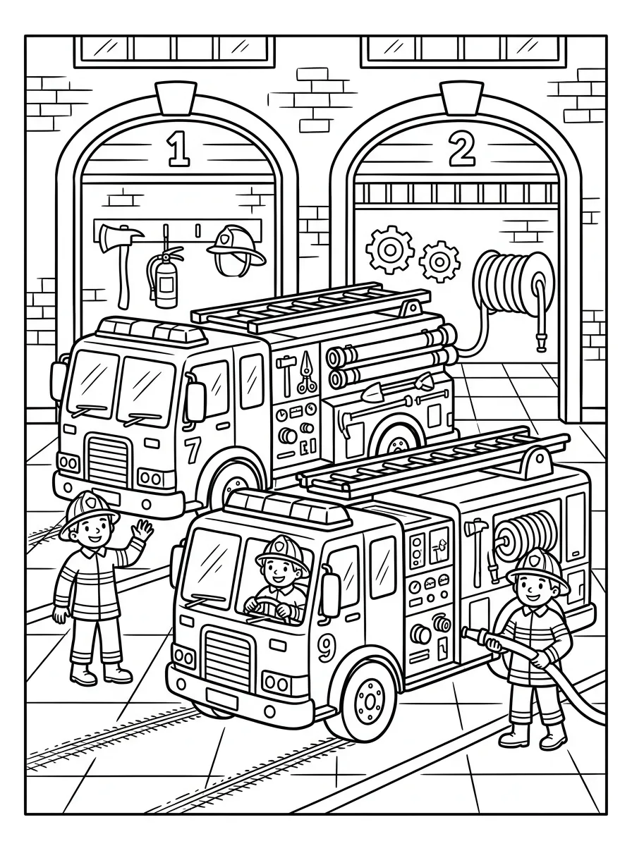 Feuerwache mit zwei Fahrzeugen als kostenloses Ausmalbild für Kinder