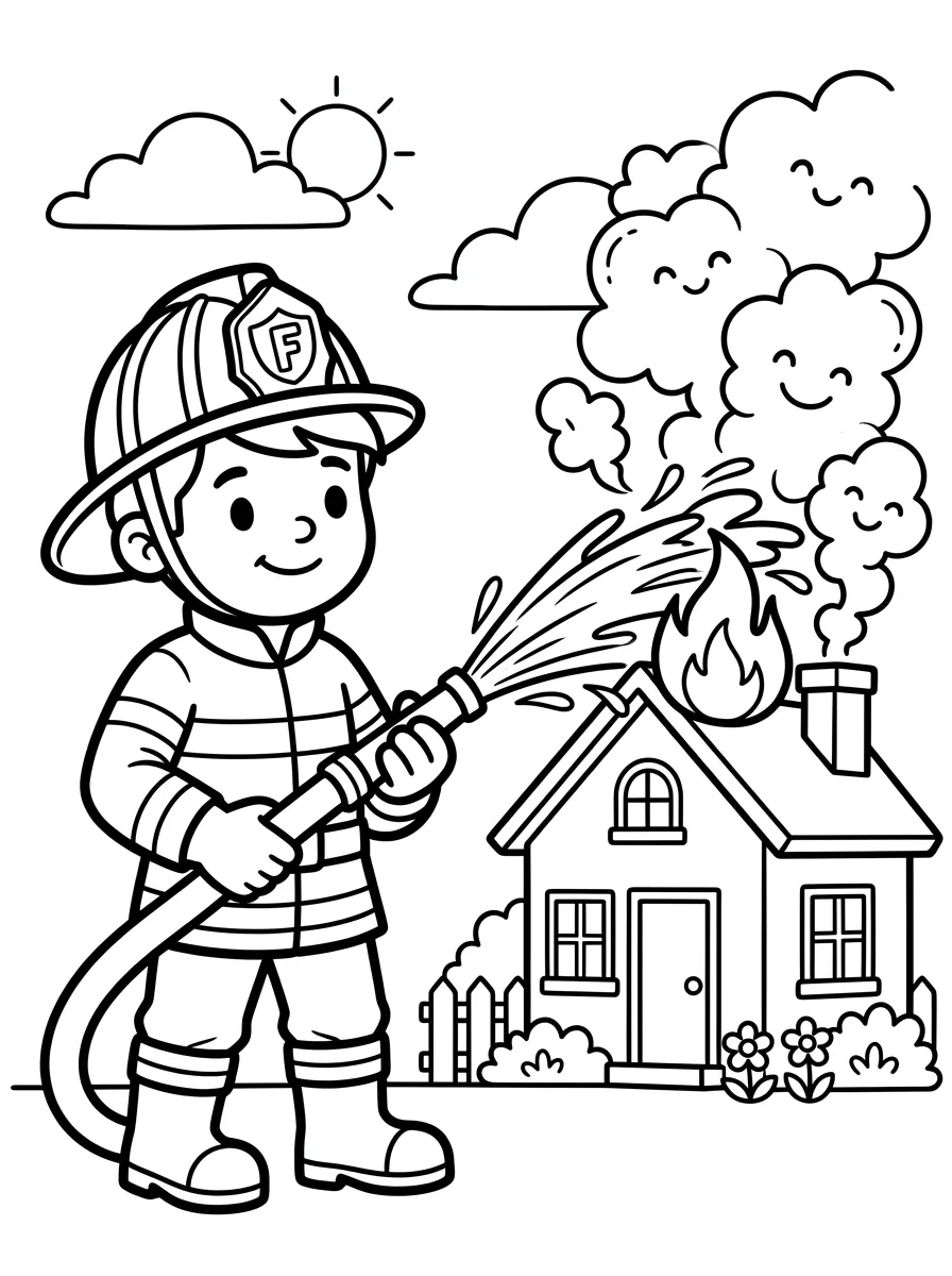 Feuerwehr im Einsatz als kostenloses Ausmalbild für Kinder