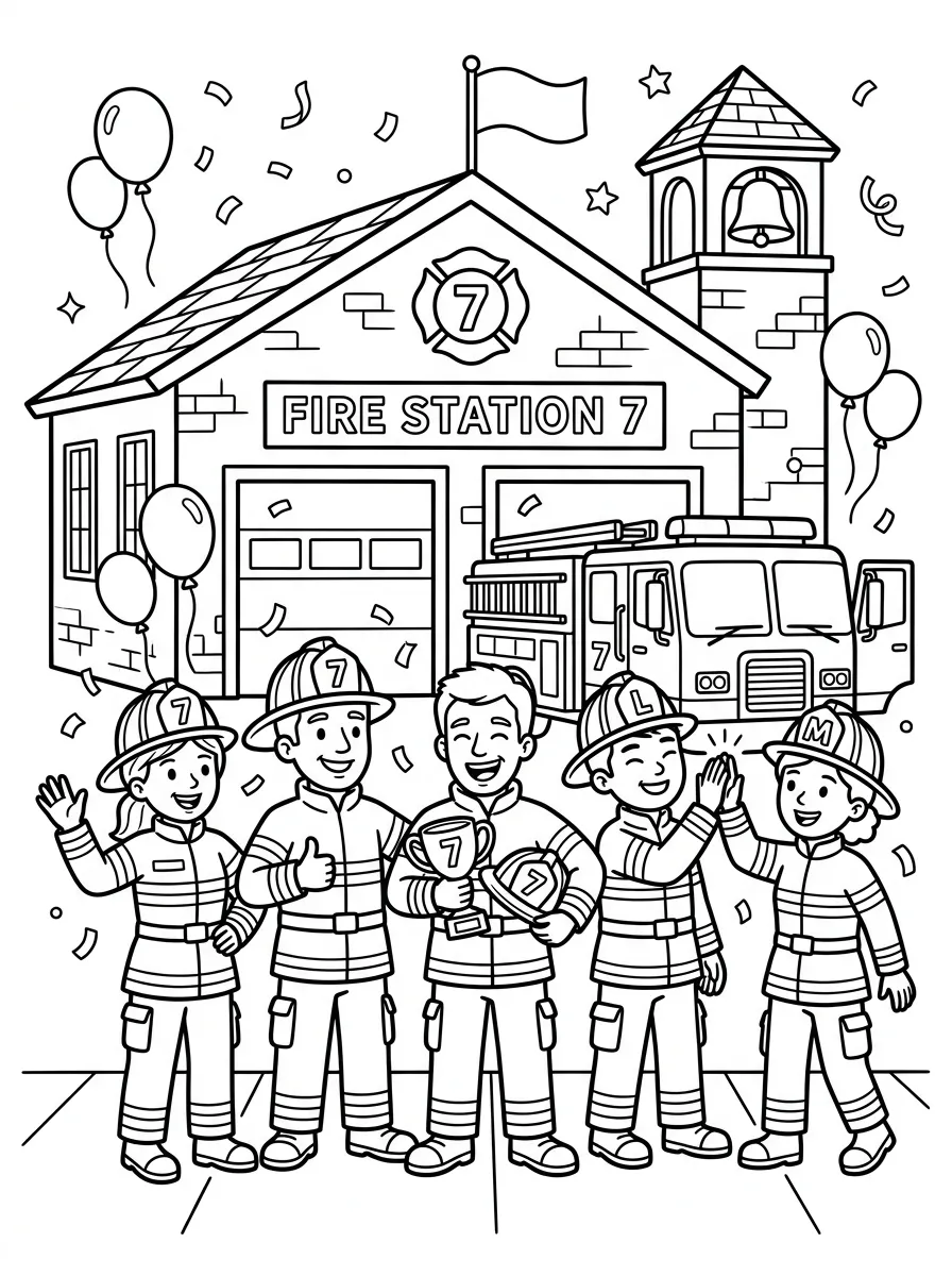 Feuerwehr Team als kostenloses Ausmalbild für Kinder