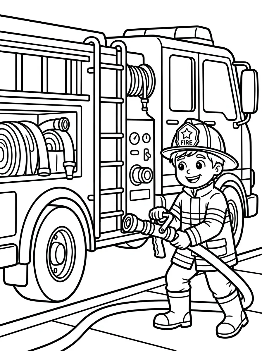 Junger Feuerwehrhelfer als kostenloses Ausmalbild für Kinder