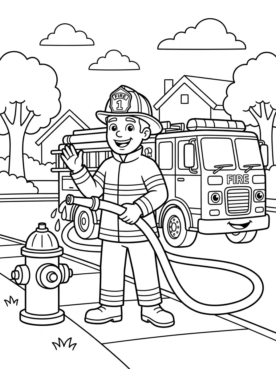 Feuerwehrmann am Hydranten als kostenloses Ausmalbild für Kinder