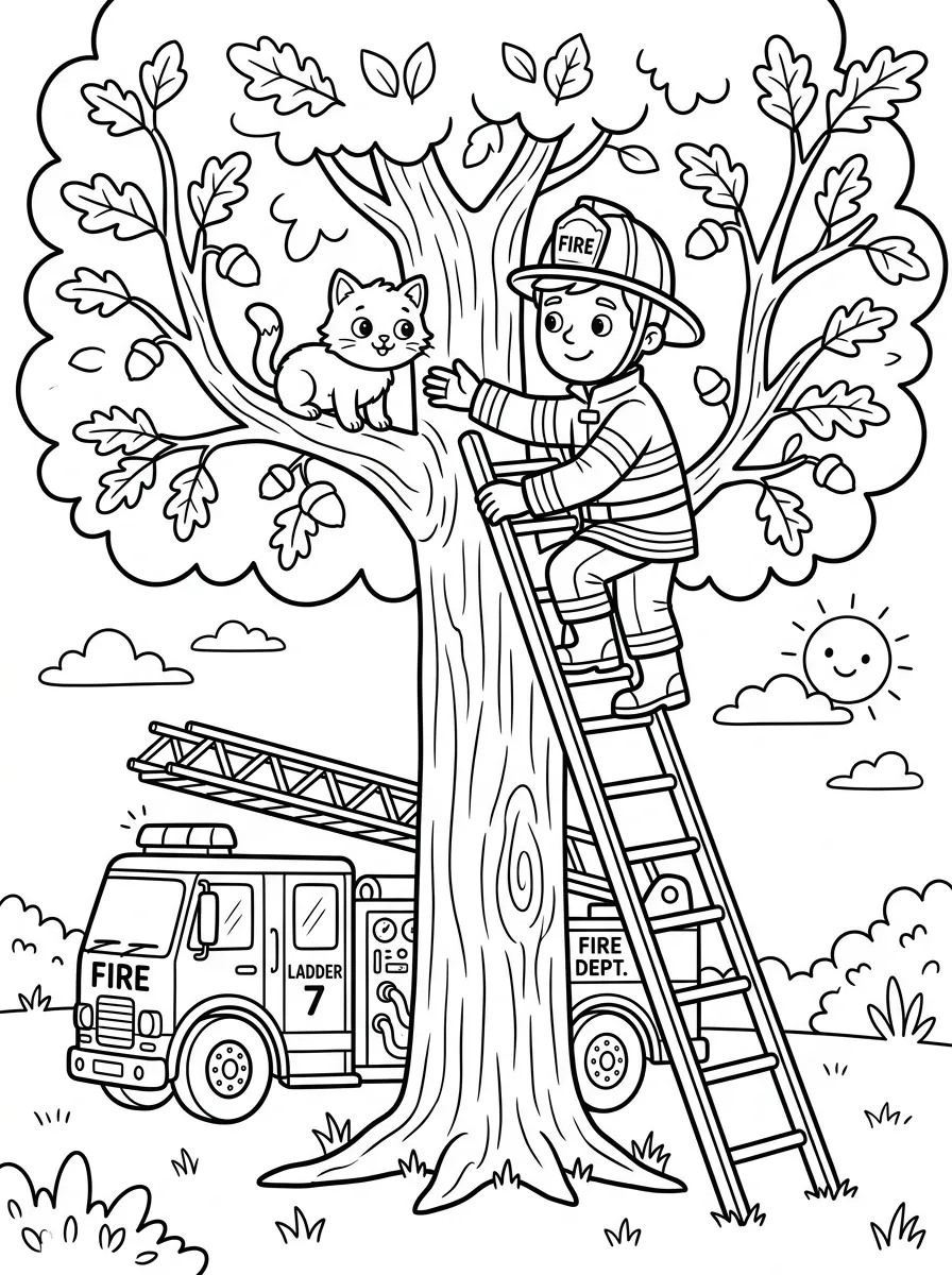 Katzenrettung am Baum als kostenloses Ausmalbild für Kinder