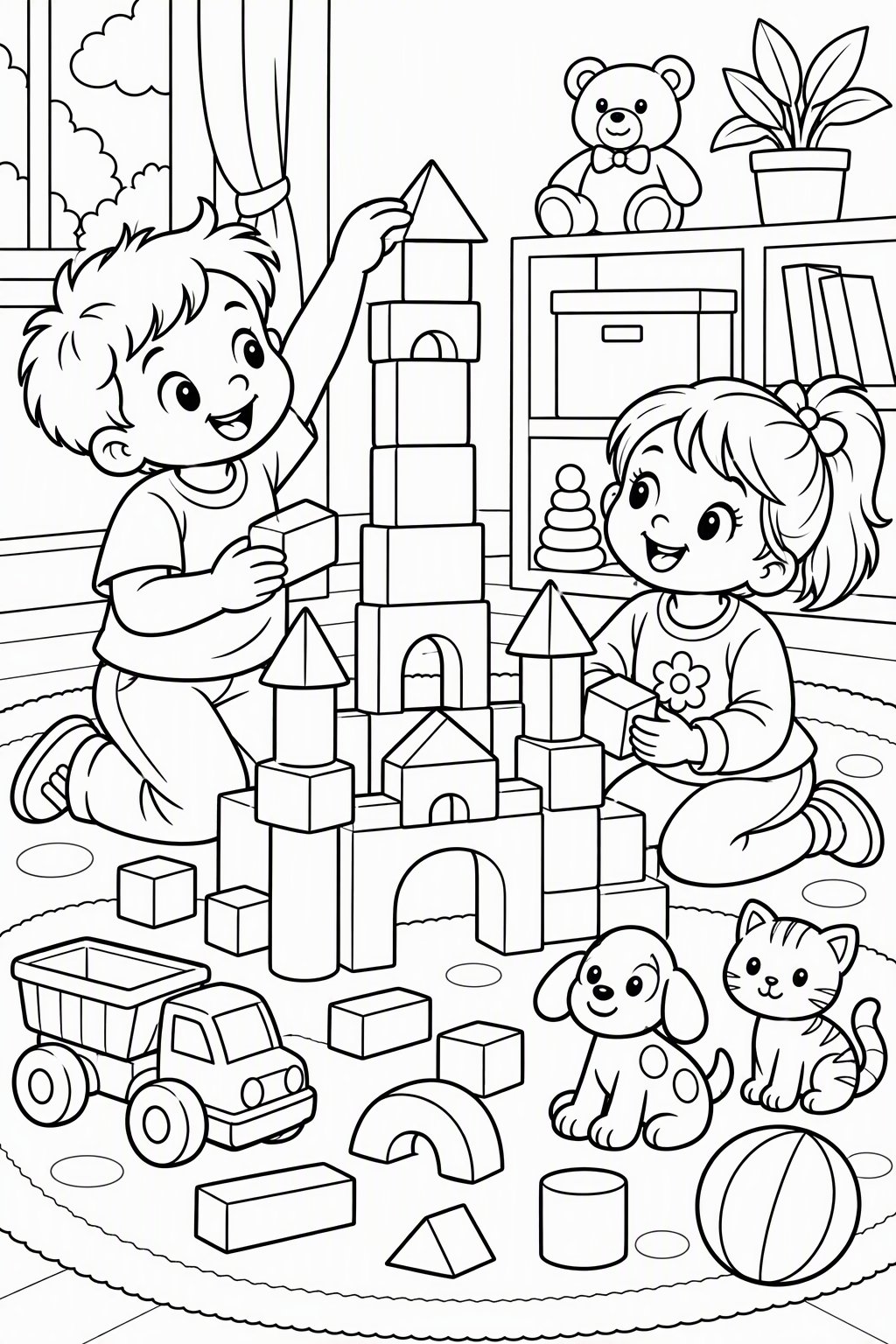 Bauecke mit Bausteinen als kostenloses Ausmalbild für Kinder