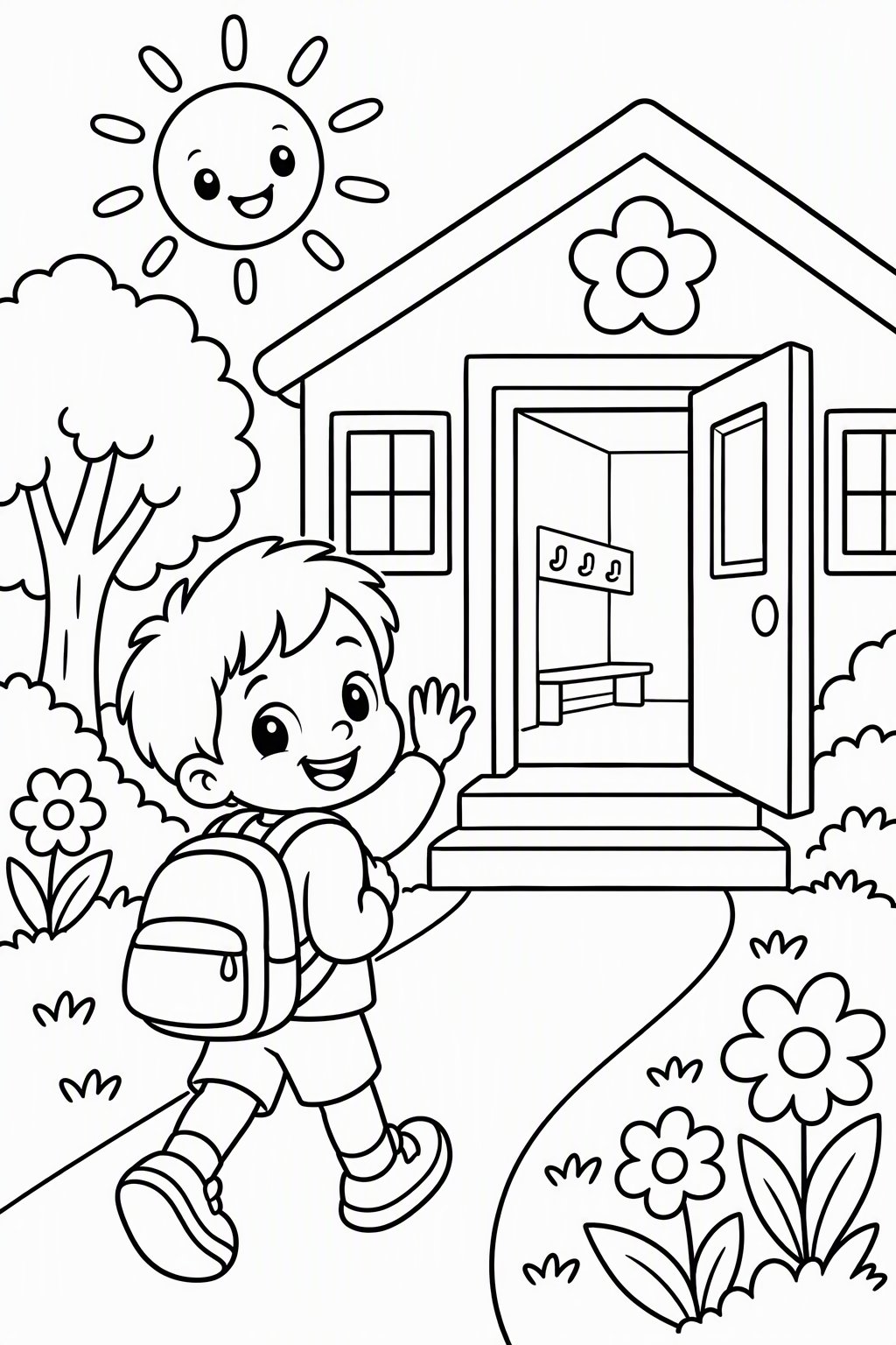 Erster Tag im Kindergarten als kostenloses Ausmalbild für Kinder