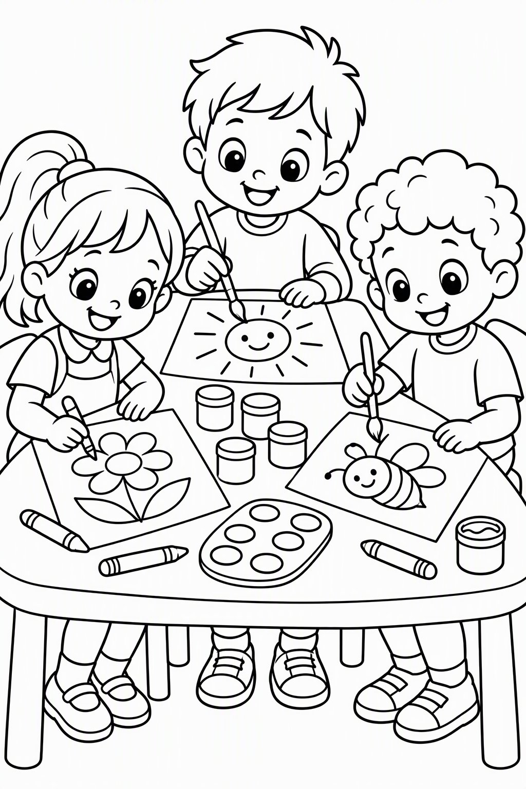 Malen am Kita-Tisch als kostenloses Ausmalbild für Kinder