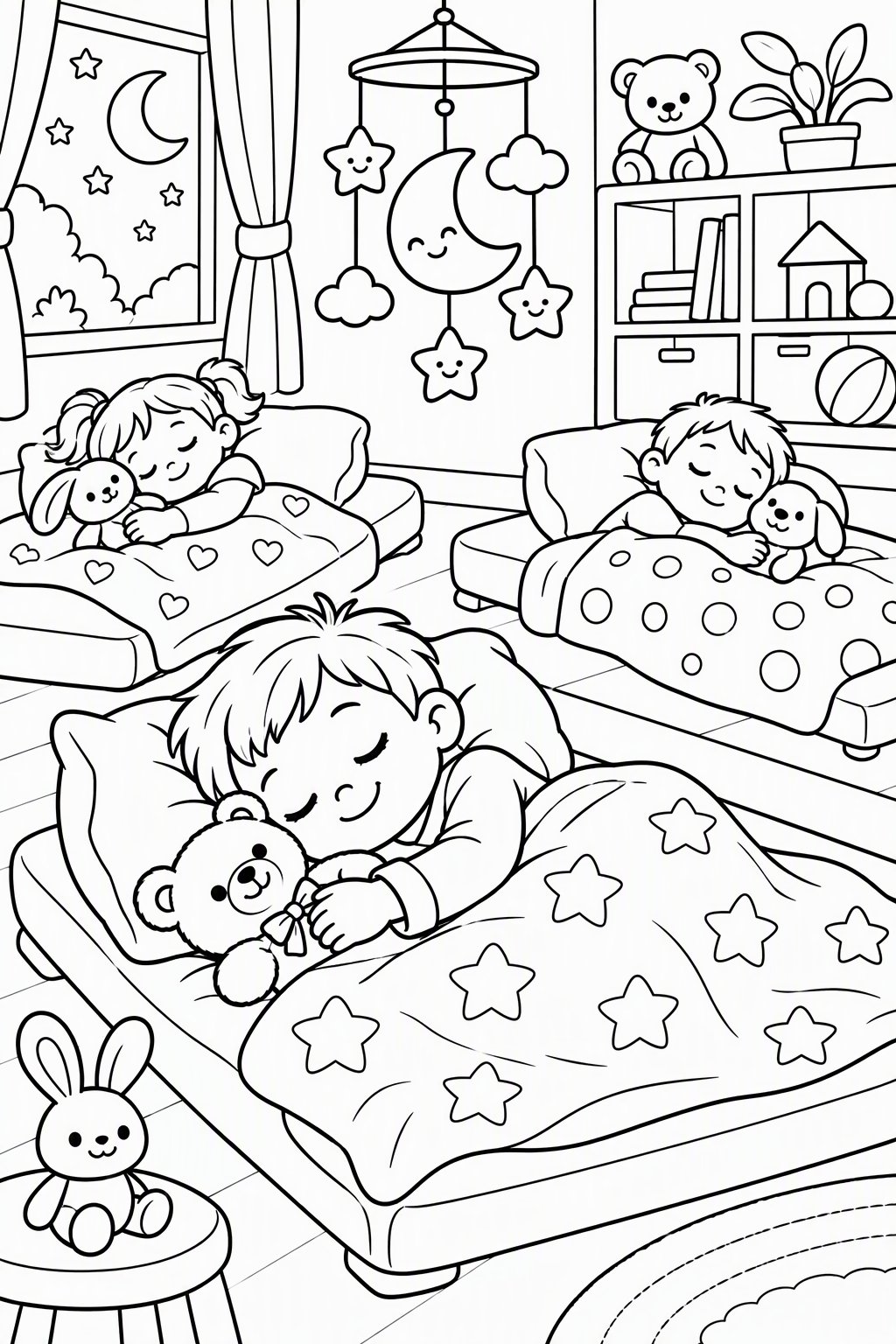 Mittagsschlaf mit Kuscheltier als kostenloses Ausmalbild für Kinder