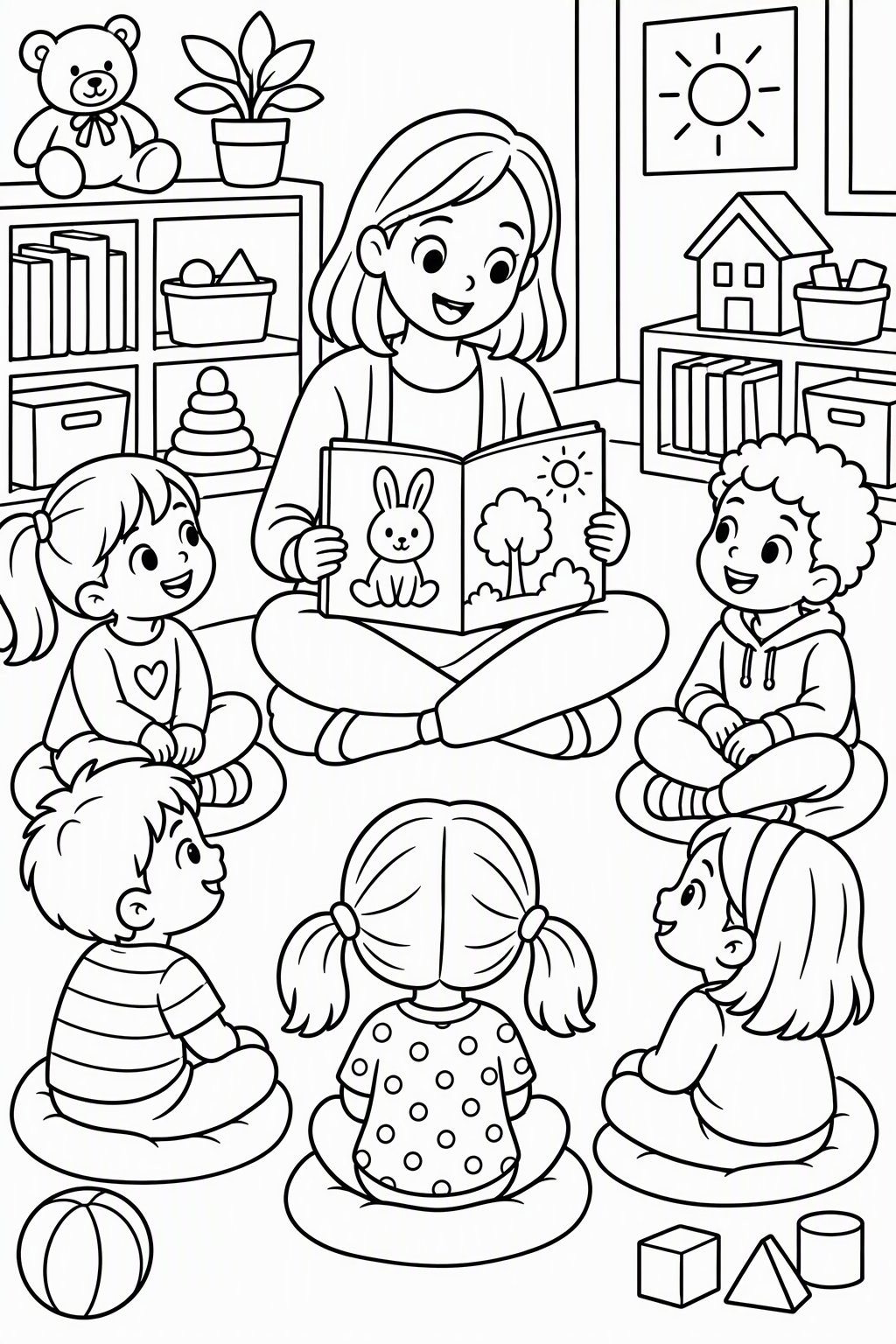 Morgenkreis im Kindergarten als kostenloses Ausmalbild für Kinder
