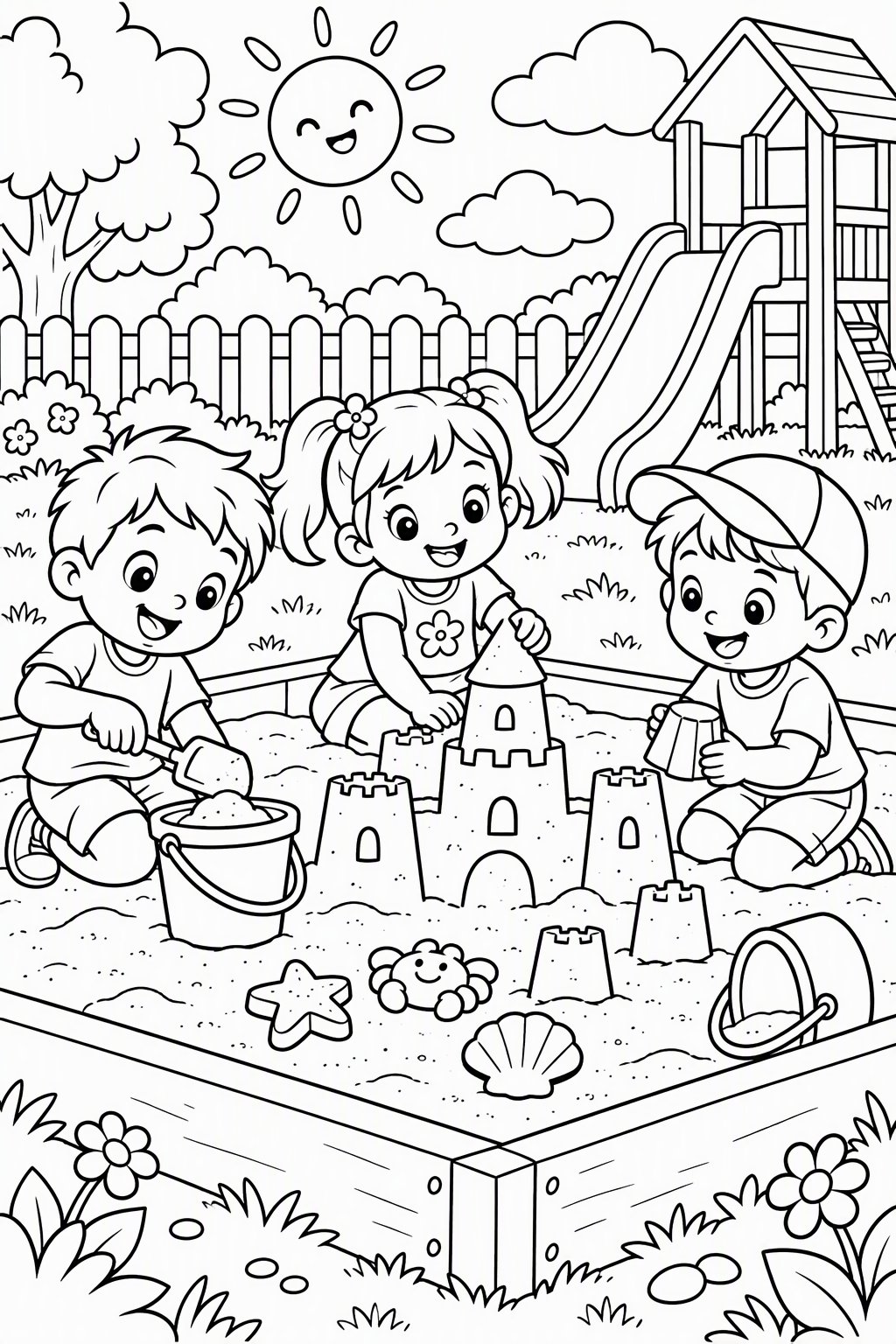 Spielen im Sandkasten als kostenloses Ausmalbild für Kinder