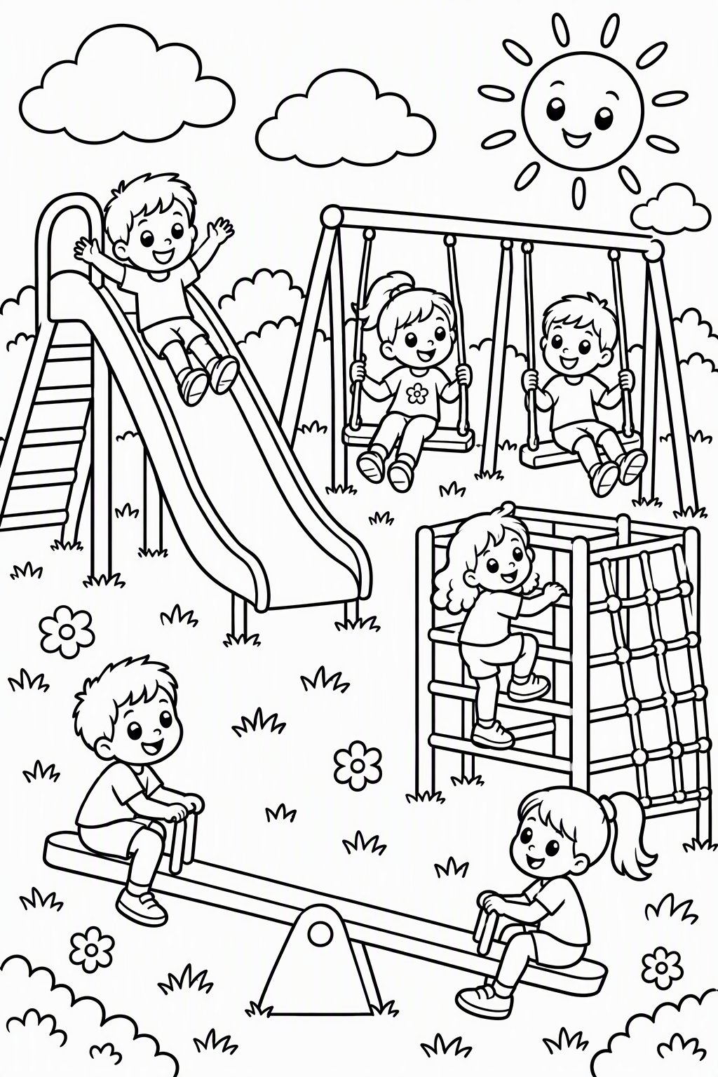 Kita-Spielplatz als kostenloses Ausmalbild für Kinder