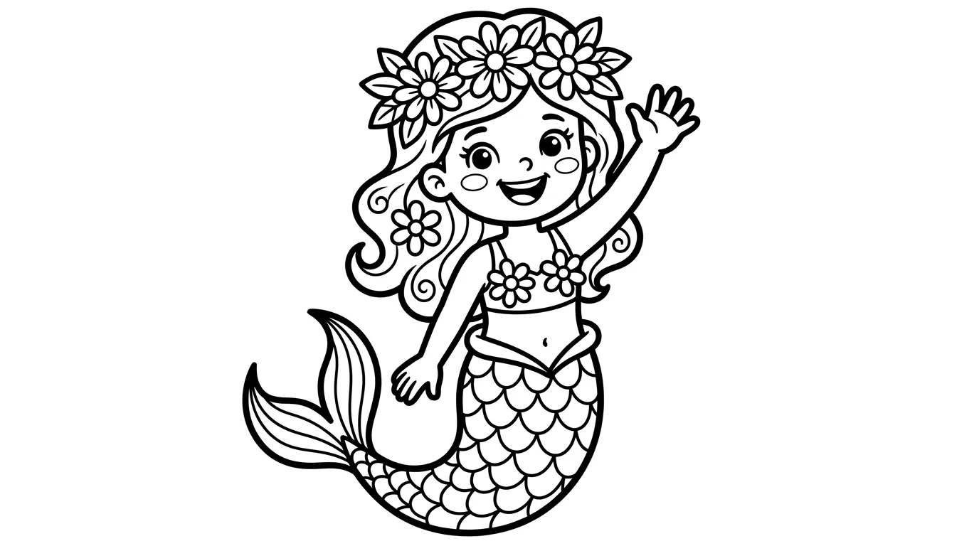 Meerjungfrau mit Blumenkrone als kostenloses Ausmalbild für Kinder