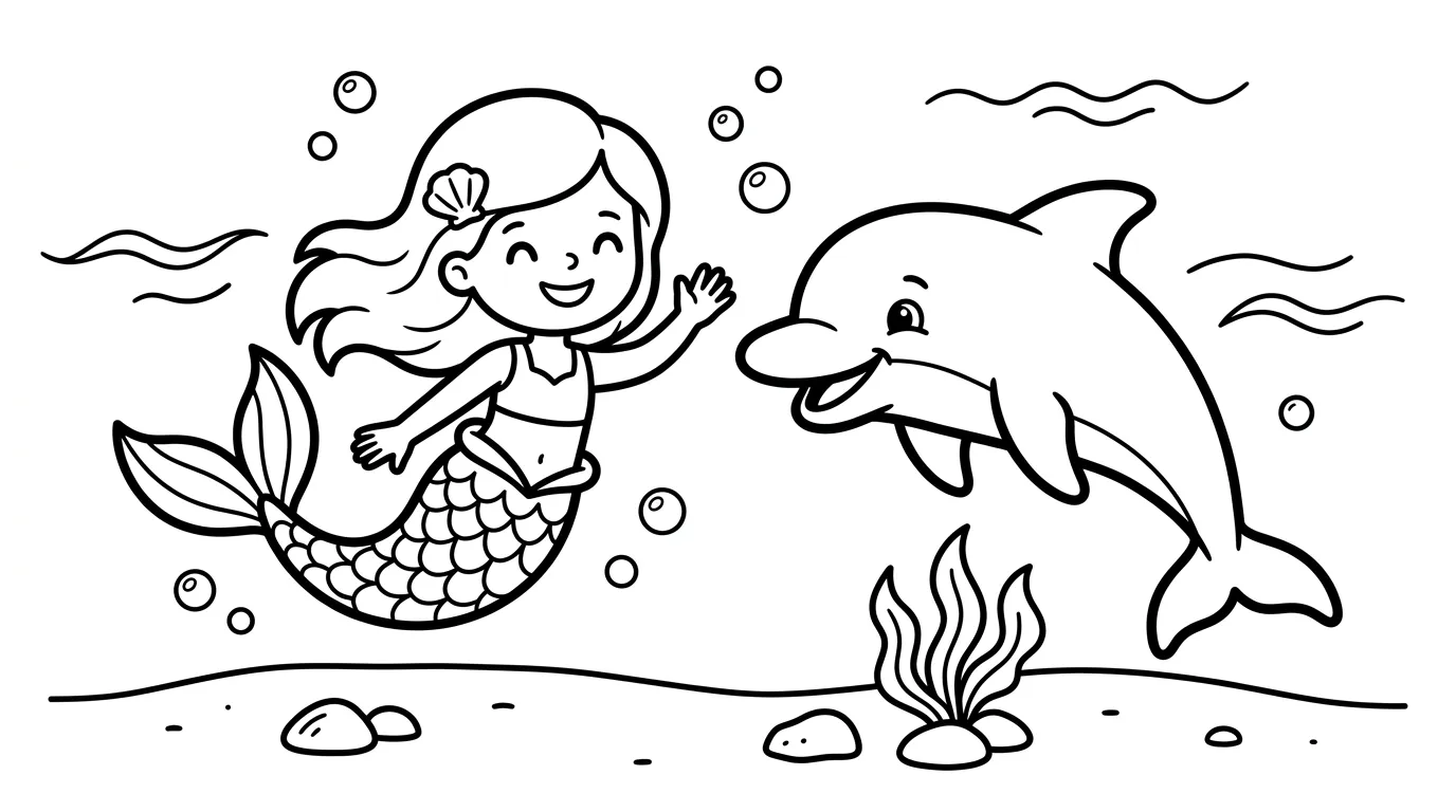 Meerjungfrau mit Delfin als kostenloses Ausmalbild für Kinder