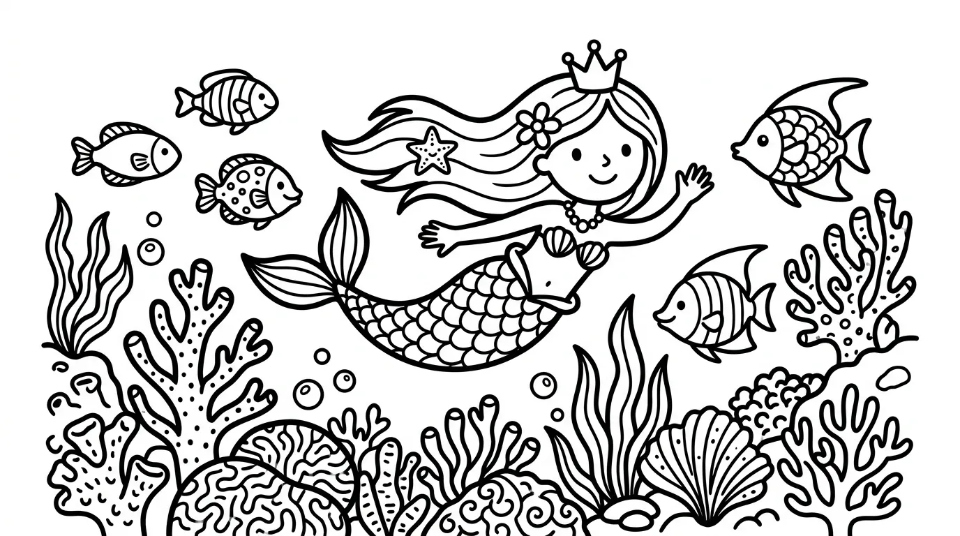 Meerjungfrau im Korallenriff als kostenloses Ausmalbild für Kinder