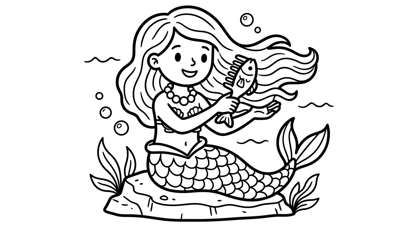 Meerjungfrau mit Perlenkette als kostenloses Ausmalbild für Kinder