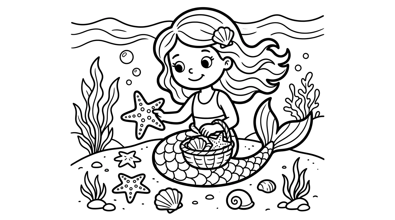Meerjungfrau und Seestern als kostenloses Ausmalbild für Kinder