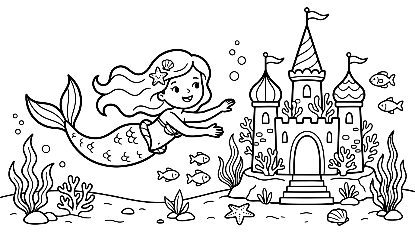 Meerjungfrau am Unterwasserpalast als kostenloses Ausmalbild für Kinder