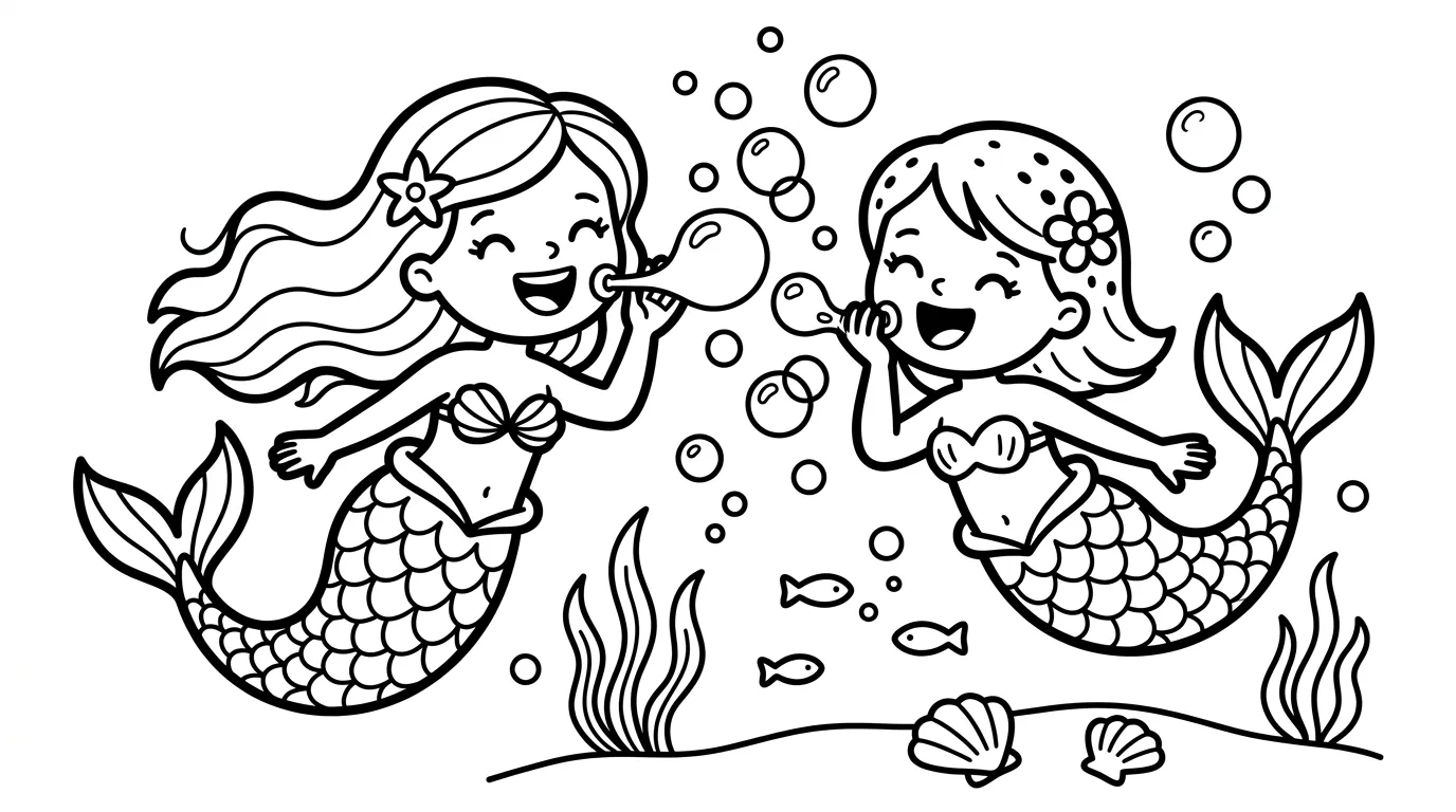 Zwei spielende Meerjungfrauen als kostenloses Ausmalbild für Kinder