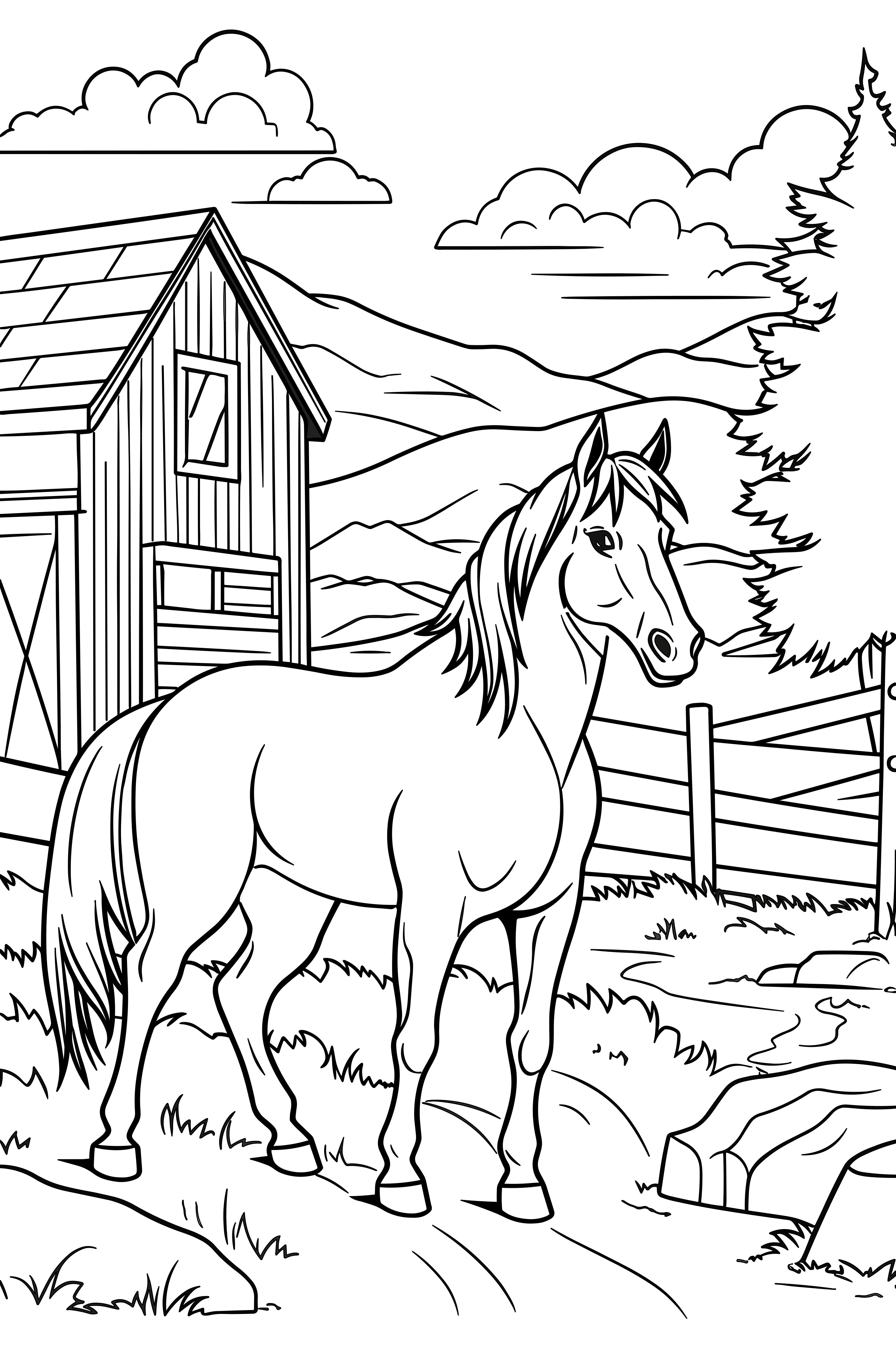 Stute mit Fohlen als kostenloses Ausmalbild für Kinder